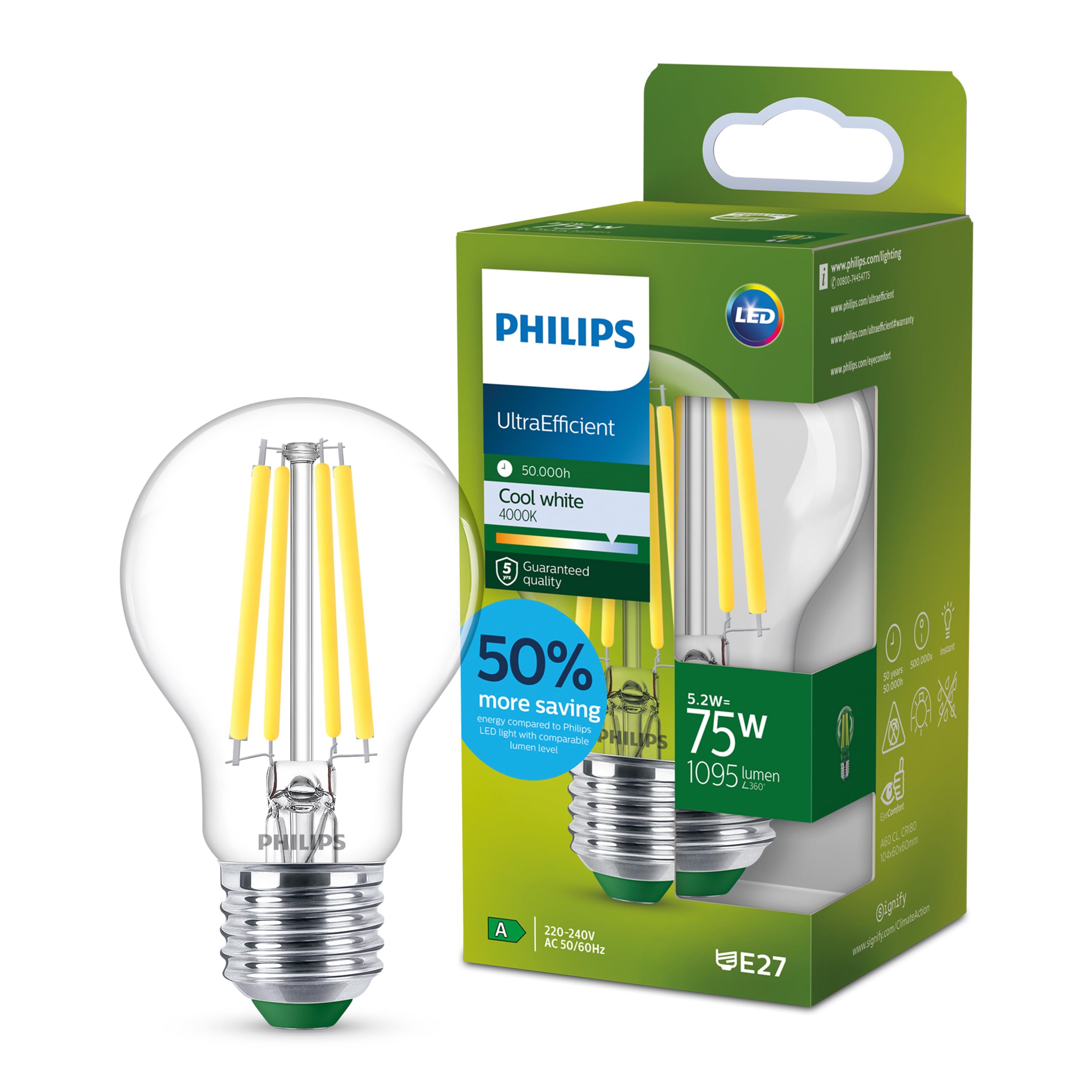 Philips Ultra Efficient - Ultra energy saving lights, LED light source, 75W, A60, E27, Cool White 4000 kelvin, clear