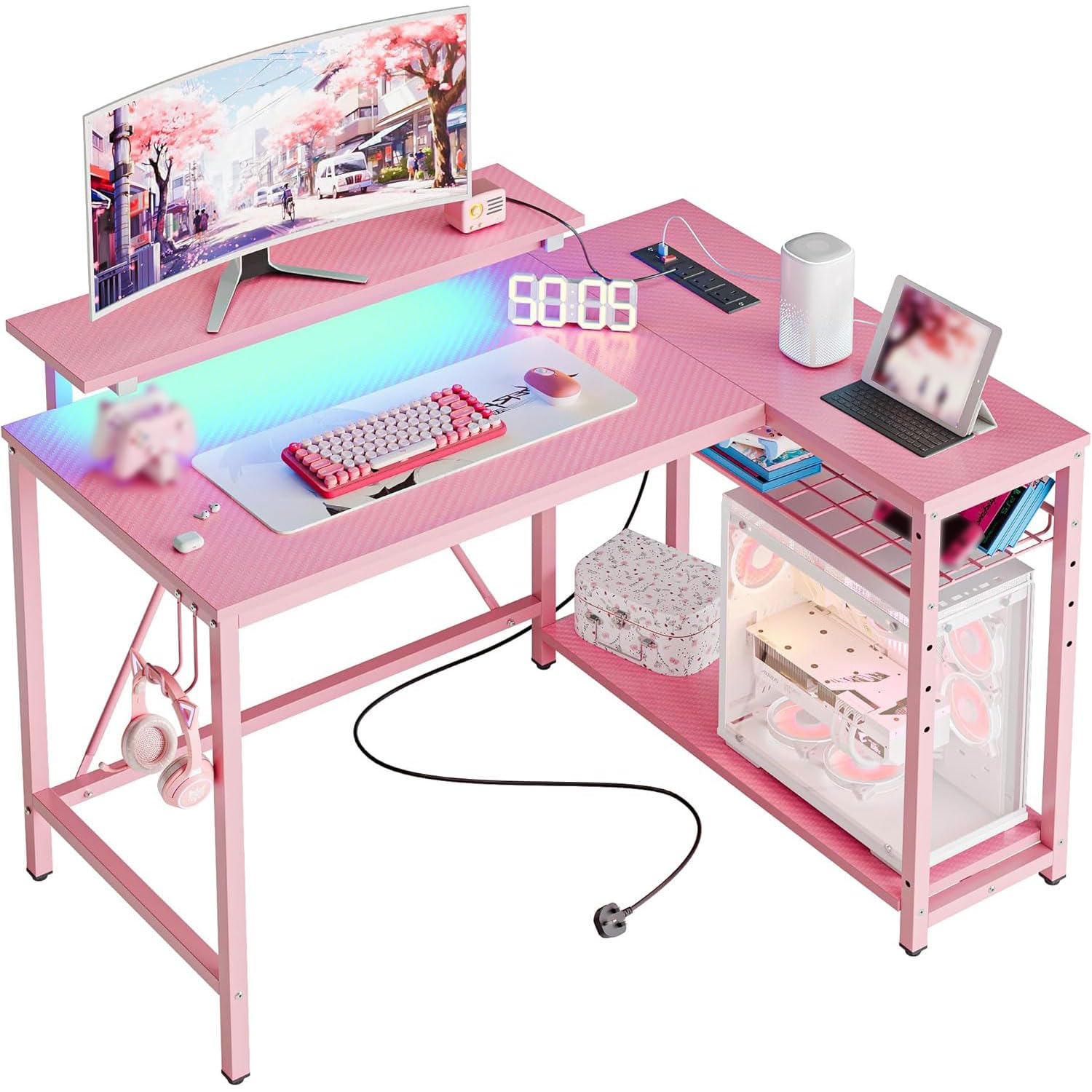 Bestier 106.5CM L-Shaped Desk with Power Outlets & LED Lights, Reversible Corner Desk with Shelves & Hooks for Home Office, Bedroom & Small Spaces