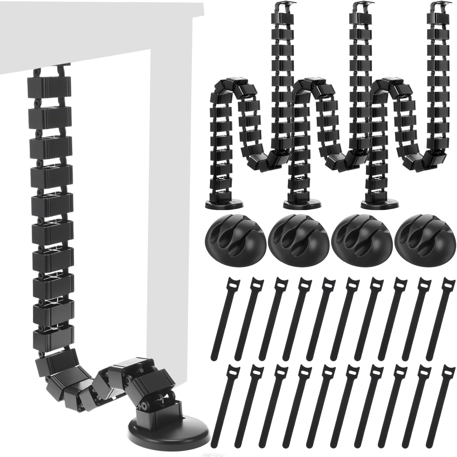 Yaomiao 4 Pack Under Desk Vertebrae Cable Management Kit Standing Desk 48'' Adjustable Quad Entry Flexible Cord Organizer with Ties, Stick-on Clips Cable Management Set for Home User Office Worker