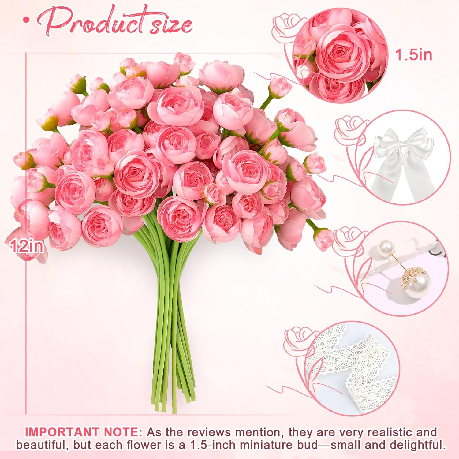 24 Pcs Ranunculus Artificial Flowers with Bows, Ribbons and Pearl Pins, Faux Silk Mini Peonies Artificial Flowers for Diy Wedding Bouquets, Bridal Shower Decorations and Home Table Decorations,Red