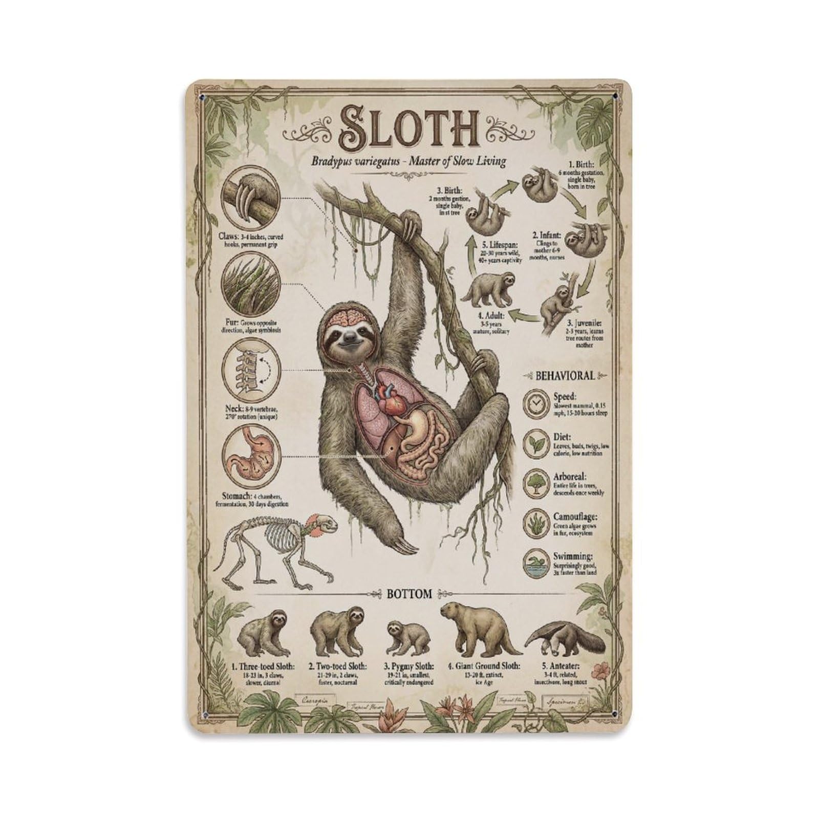 Kids Animal Sloth Anatomy Sci Inf Guide Educational Nature Metal Tin Sign Plaque Wall Decor for Cafe, Man Cave, Club Bar, Office, Home Garden Round Metal Poster 8x12Inch