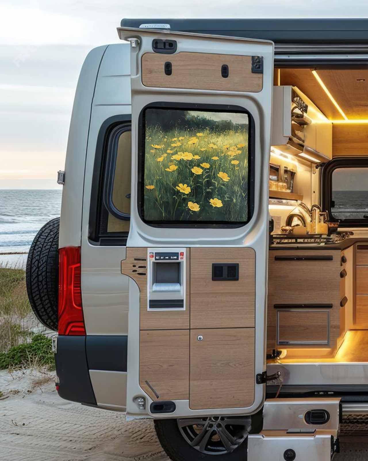 LEOKOTI RV Door Window Shade, Yellow Spring Floral Blackout RV Window Shades Foldable, Modern Oil Painting Pastoral Botanical Privacy Insulation Car Covers 16