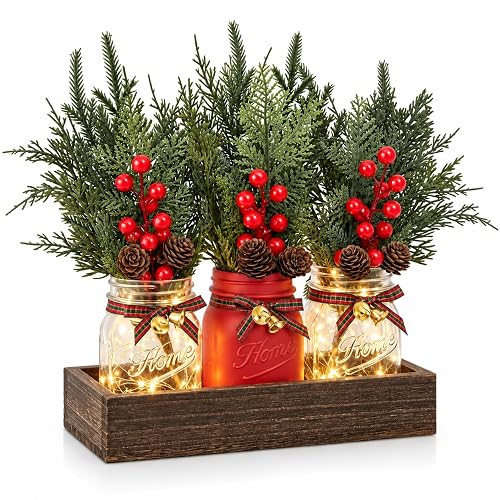 Mason Jar Christmas Table Decor, Winter Xmas Centerpieces for Tables