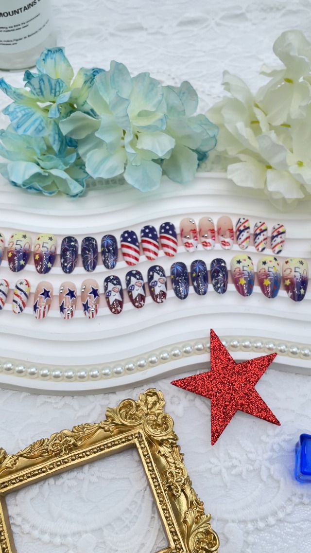 30Pcs 4th of July Press on Nails Almond Patriotic Fake Nails with American Flag Star & Fireworks Designs Red White Blue False Nails Medium Acrylic Stick on Nails for Women Independence Day Decoration