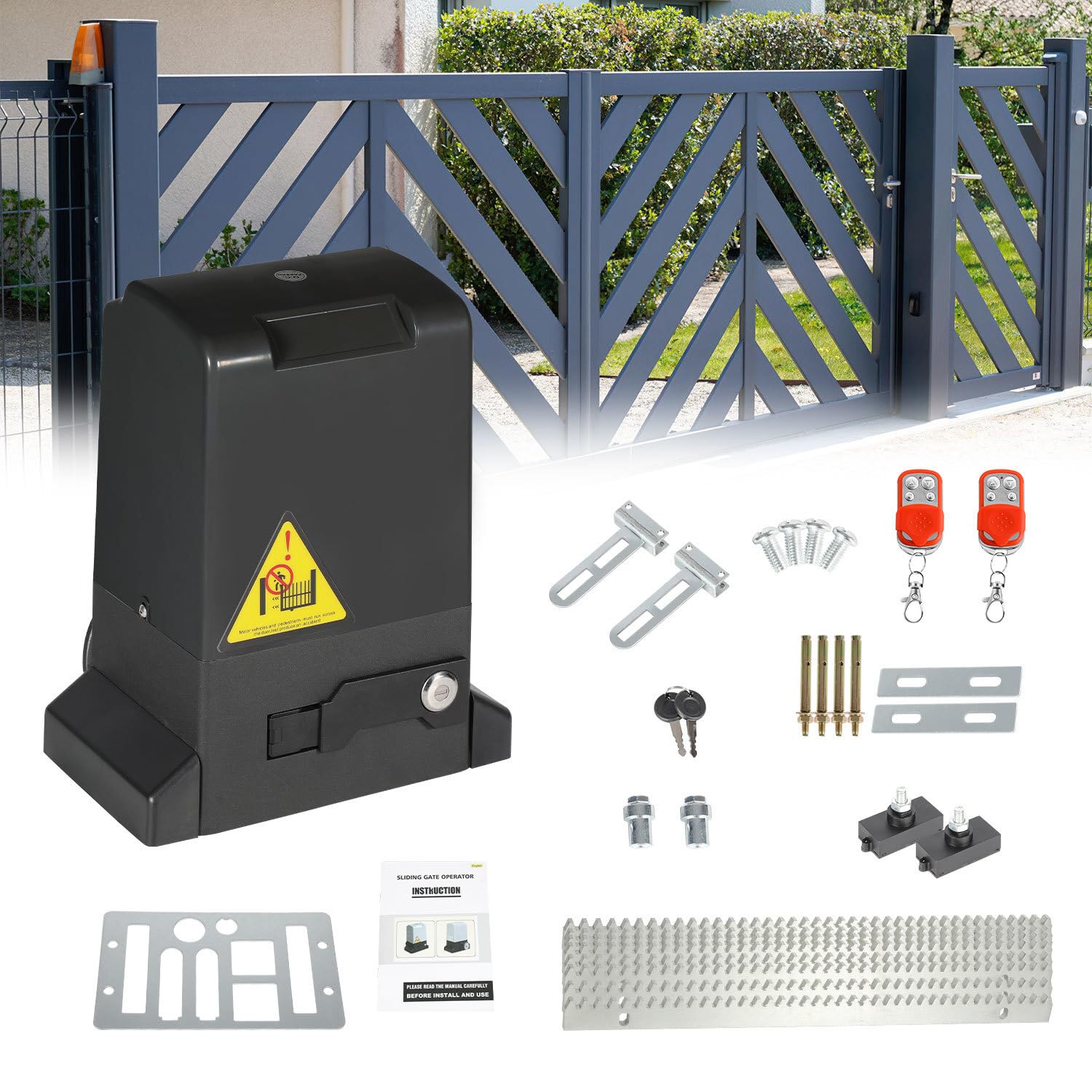 Actionneur de porte coulissante - 280 W - 600 kg - Avec télécommandes et fonction de fermeture automatique - Entraînement automatique de portail à battants - Noir