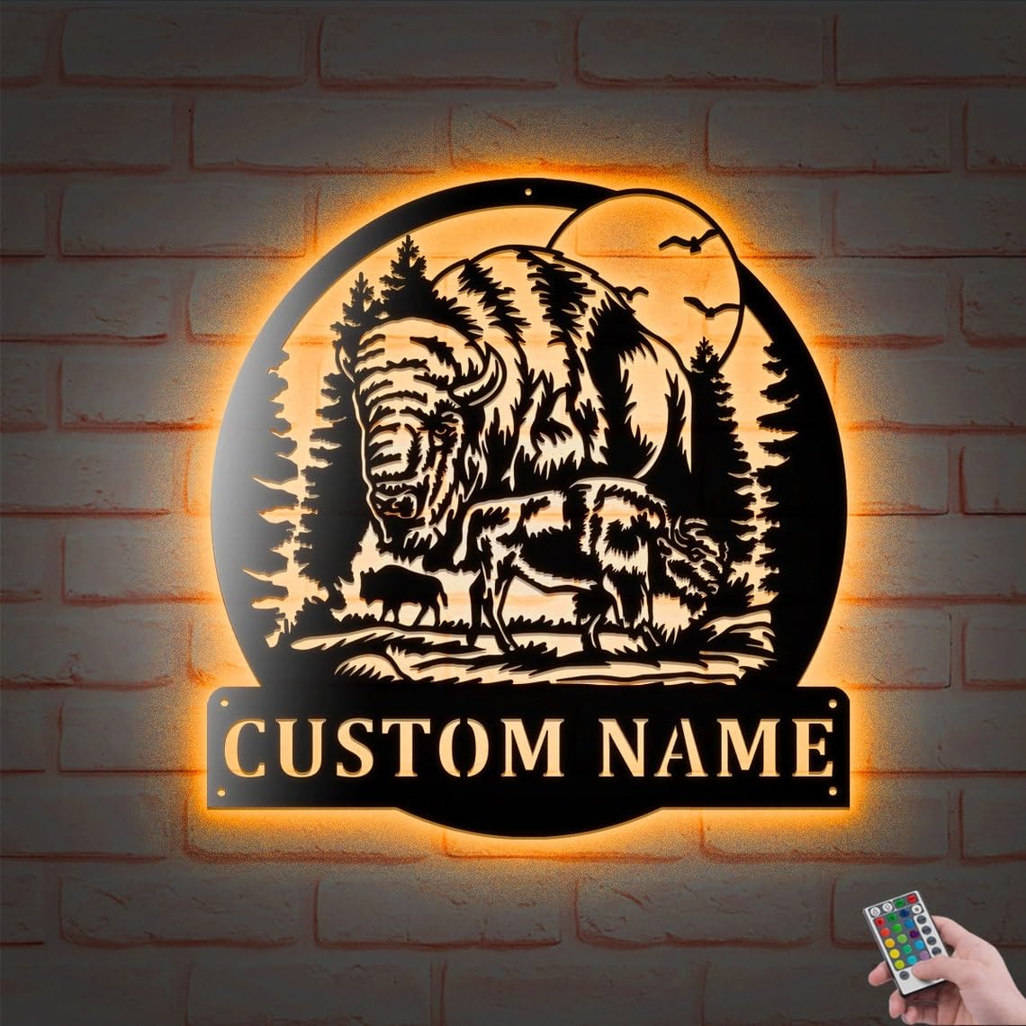Custom Bison In Forest Led Lights Metal Wall Art, Personalized Buffalo Name Decoration Hanging for Home Bull Gift Home Decor, Gift For Dad
