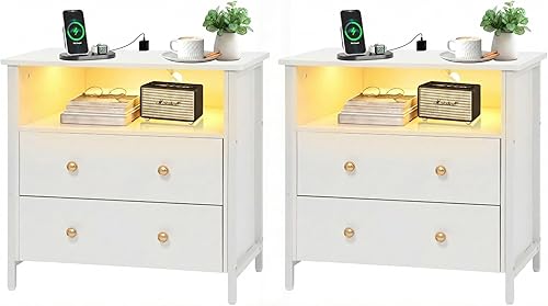 Miniatura 15 de Mesita de noche de 27 pulgadas de ancho, mesita de noche grande de madera con 2 cajones, mesita de noche LED con estación de carga y cajón Marrón