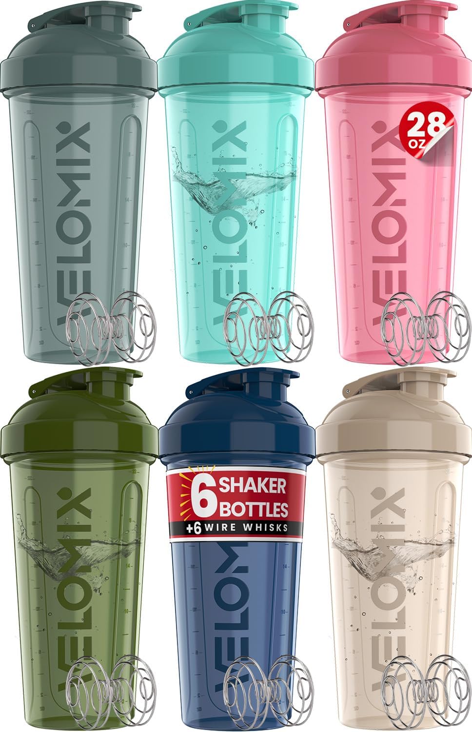 VELOMIX -6 PACK- 28 OZ Protein Shaker Bottles for Protein Mixes, Shaker Cups for Protein Shakes, Small Shaker Bottle Pack, Shaker Cup, Shakers for protein Shakes (Most Popular)