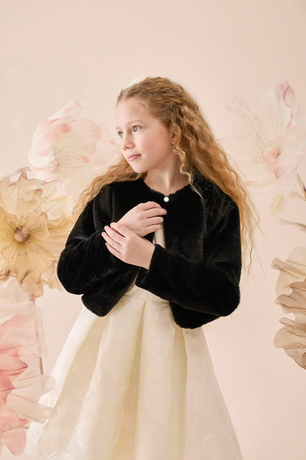 Lilax Girls Cozy Faux Fur Bolero Shrug Long Sleeve Crew Neck Dress Coat - Image 3