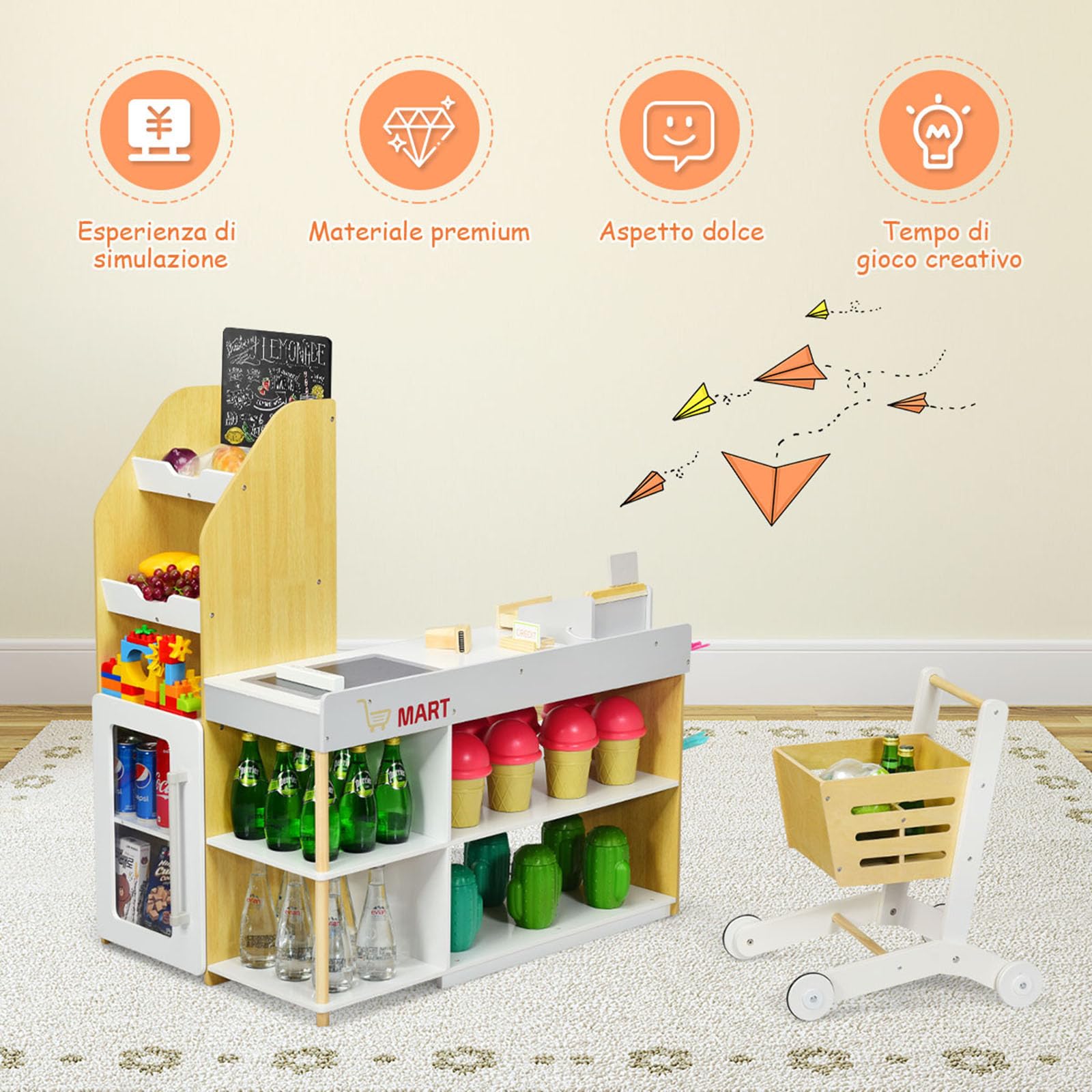 COSTWAY Gioco Negozio Bancarella per Bambini, Market Mercato in Legno, con Carrello della Spesa e Cassa, Bianco e Legno