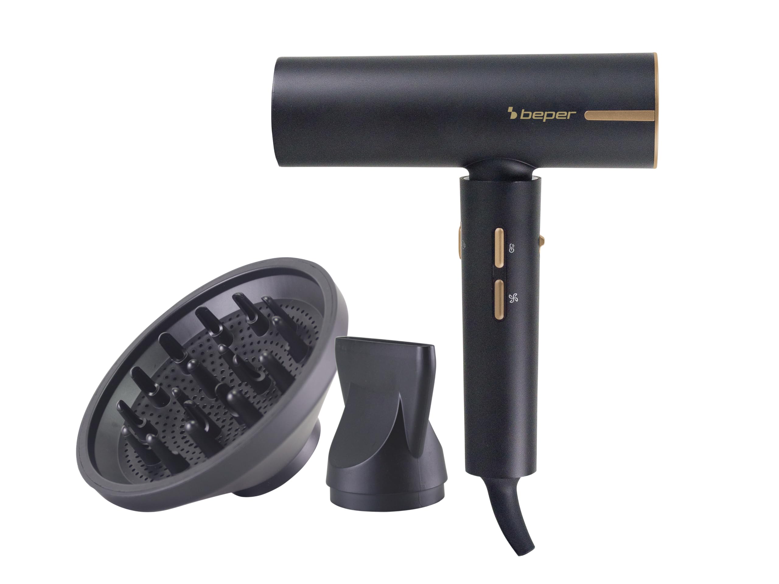 BEPER P301ASC010 Brushless Hair Dryer, 1800W, 3 Speeds, 3 Selectable Temperatures, LED Temperature Indicator, Self-Cleaning Grille, Accessories Included, Black