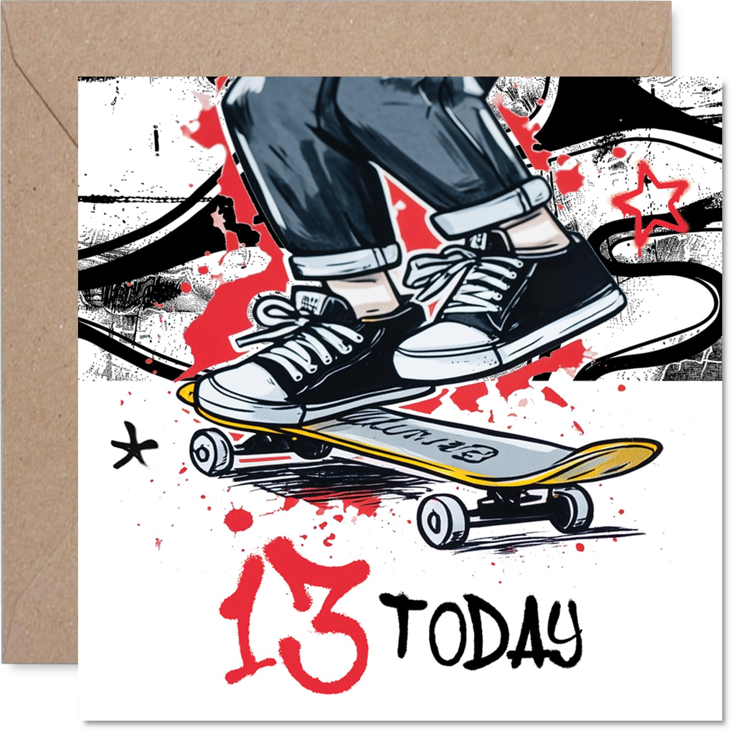 Playful 13th Birthday Card - Skater Vibes for Their Big Day - Dynamic Skateboarder Design in Bold Red and Yellow - Bursting with Youthful Energy - 145mm Square, Envelope Included