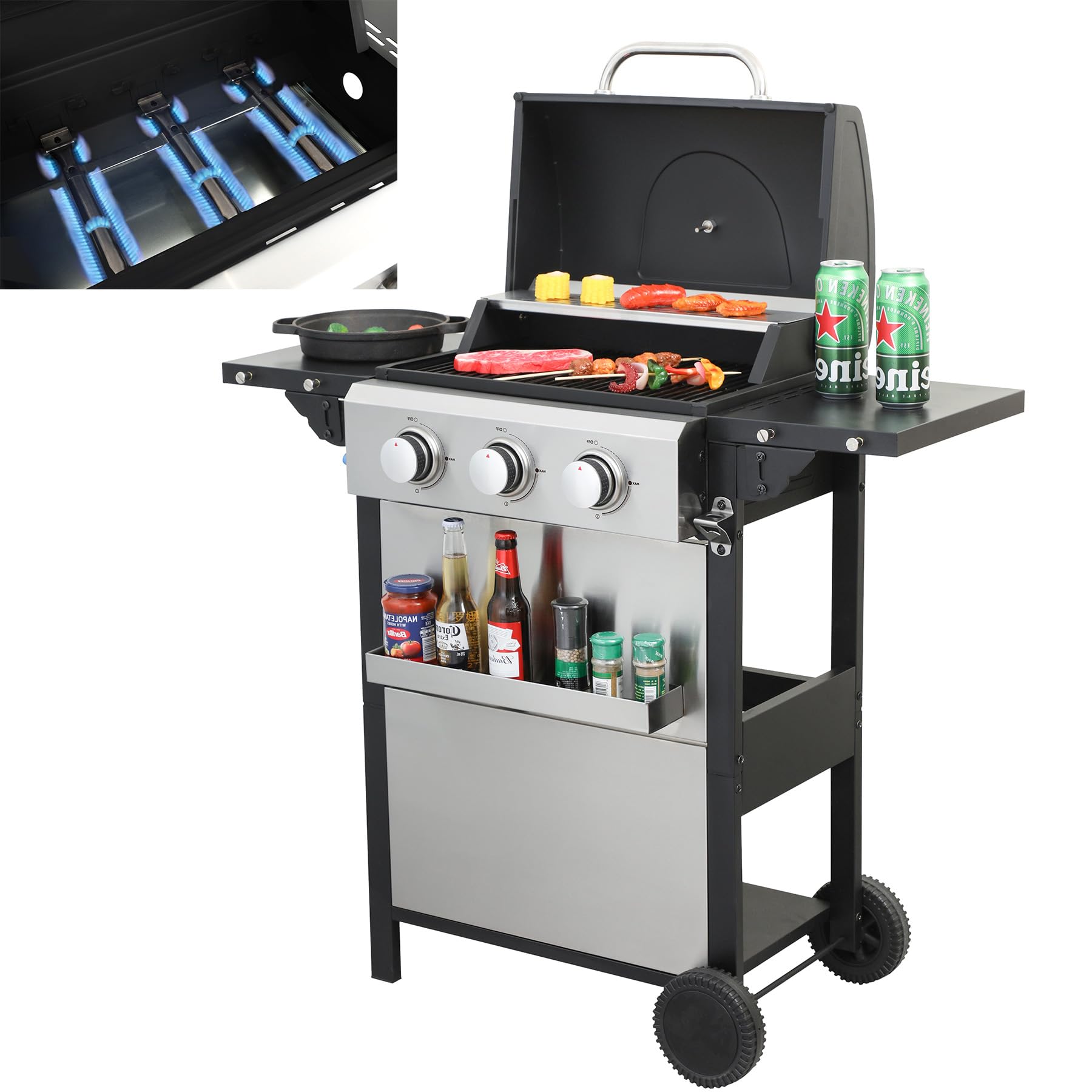 3 Burner Small Propane Gas Grill with Porcelain-Enameled Grates & Thermometer, Stainless Steel BBQ Grill 25650 BTU with Folding Side Tables for