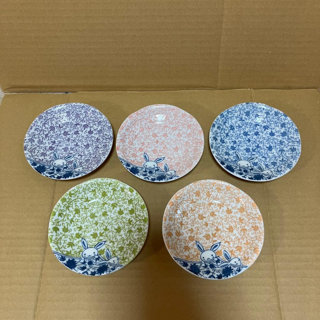 蔵出し 骨董 小皿 5枚セット うさぎ 風炉釜 桃図 四季の雅 ちっちゃい