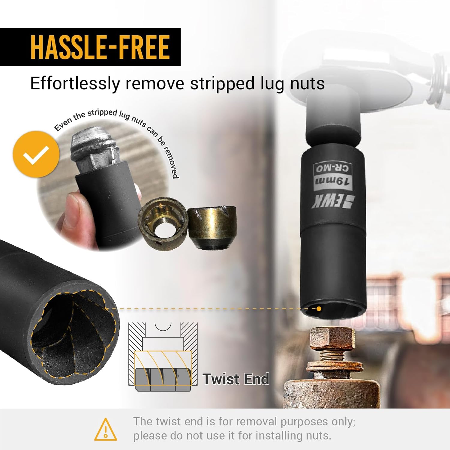 EWK 1/2-inch Drive Lug Nut Remover, 6 Pcs Impact Flip Socket Set (17, 19, 21 mm, 13/16", 7/8"), 6-Point & Twist Socket, Stripped/Rounded Bolt Extractor Removal Tool with 3" Extension Bar