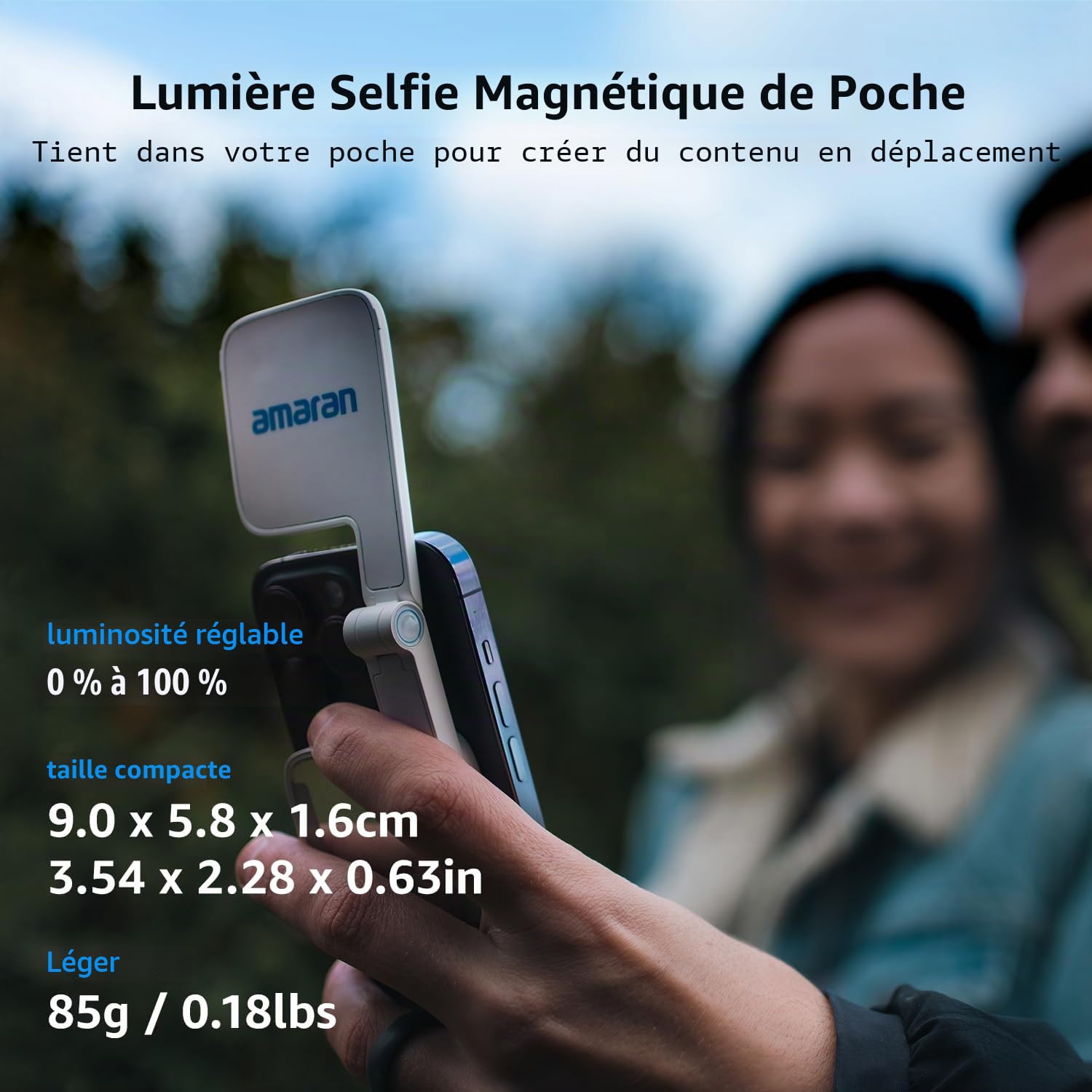 amaran Go Mini Lumière Téléphone, LED Magnétique avec Lumière Miroir, CCT Réglable 2700K à 6500K, 10 Effets Lumineux, Charge Rapide USB-C, Éclairage Doux et Précis pour Créateurs Mobiles-Fusain