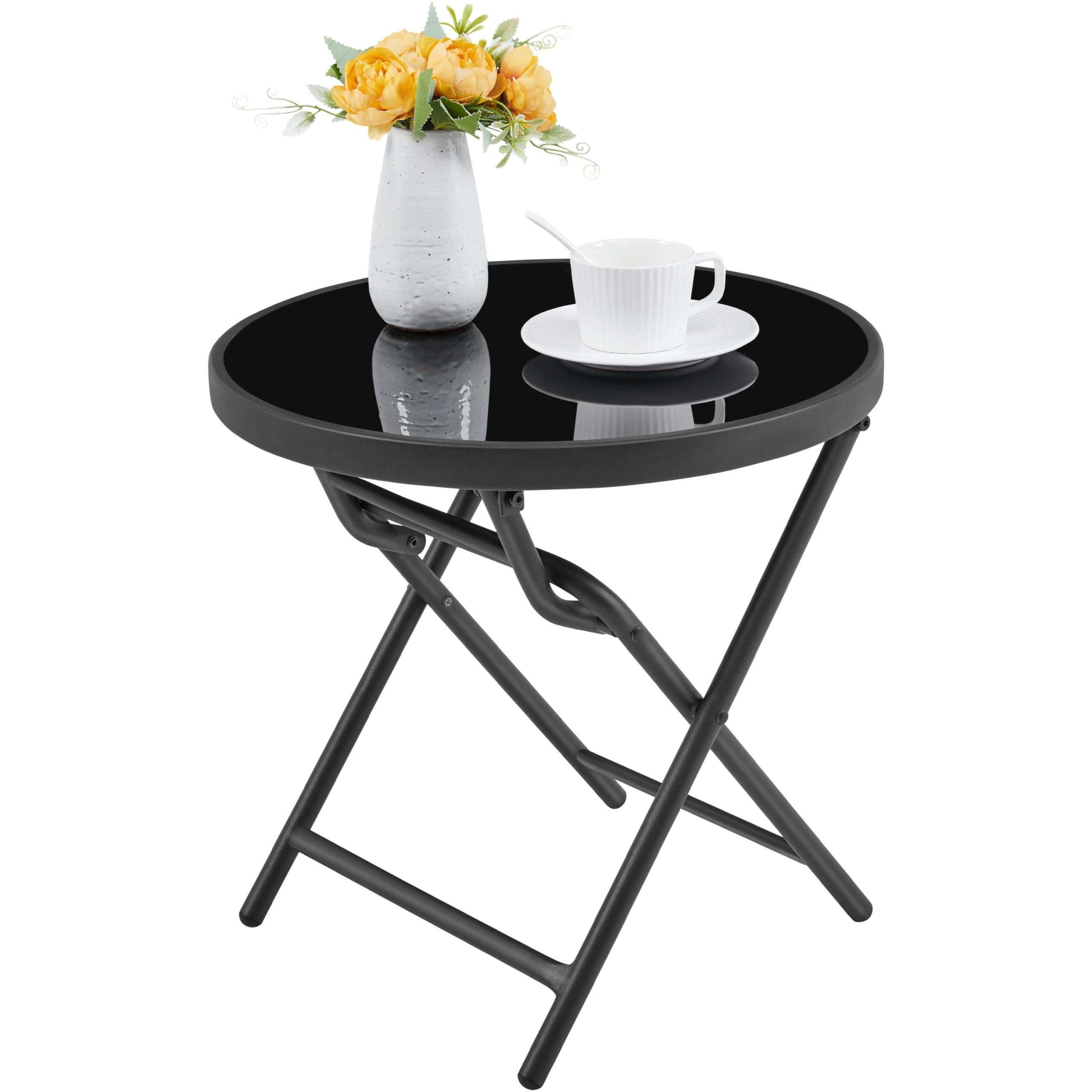 Yaheetech Tavolino Rotondo Pieghevole Dia.46 cm in Vetro e Metallo Resistente alle Intemperie Nero