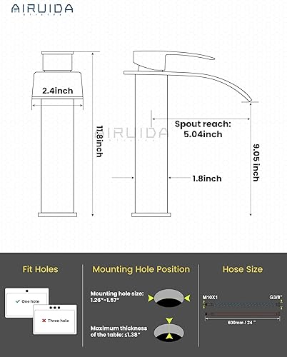 Vista 18 de Airuida Grifo de baño de cascada negro mate, grifo de baño de un solo agujero, grifo mezclador de montaje en cubierta con placa de cubierta, grifo