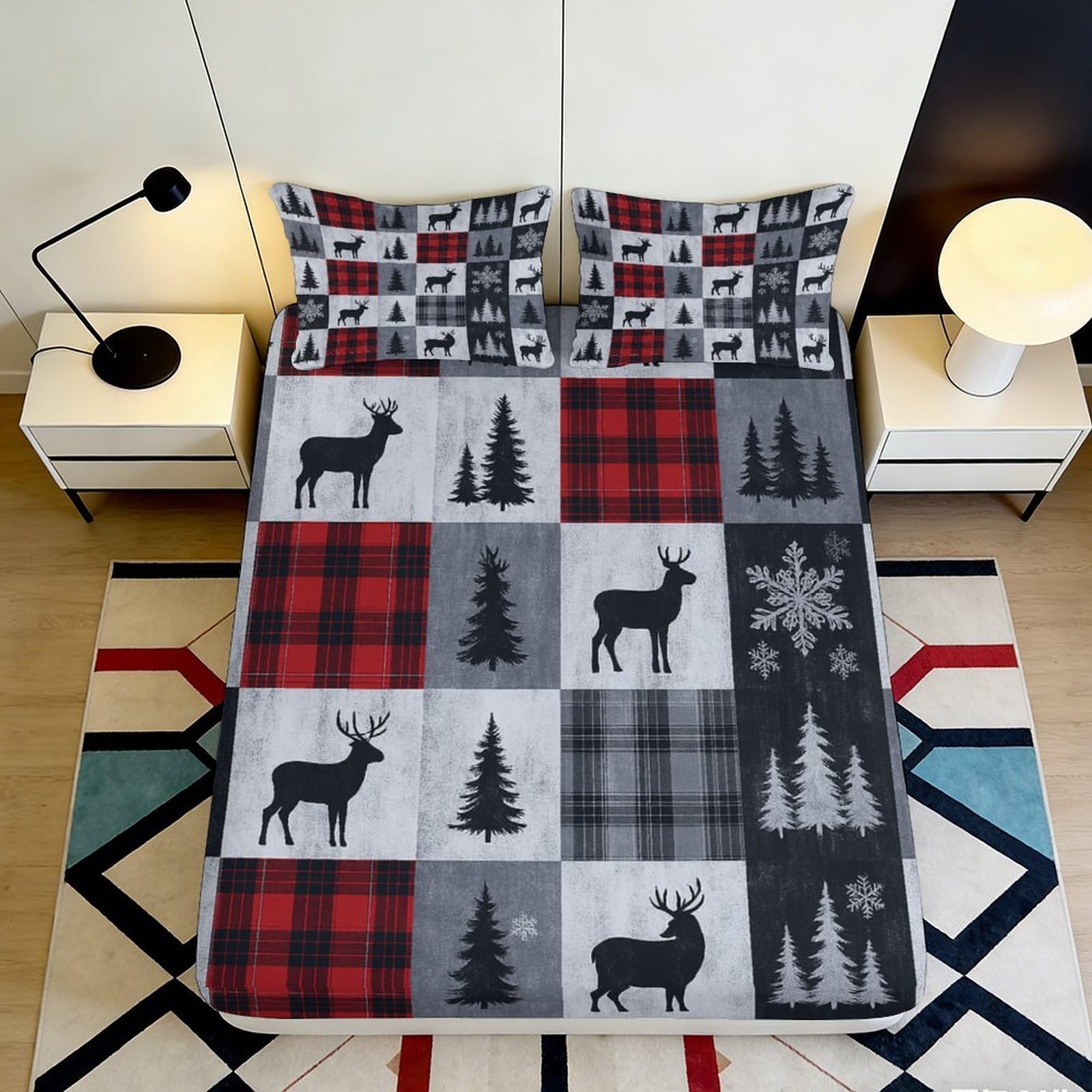 3D Printed Deer Forest Fitted Sheet Microfiber Soft Plaid Bed Cover for Bedroom Guest Room Dorm Mattress Protection Decor 90x200x25cm