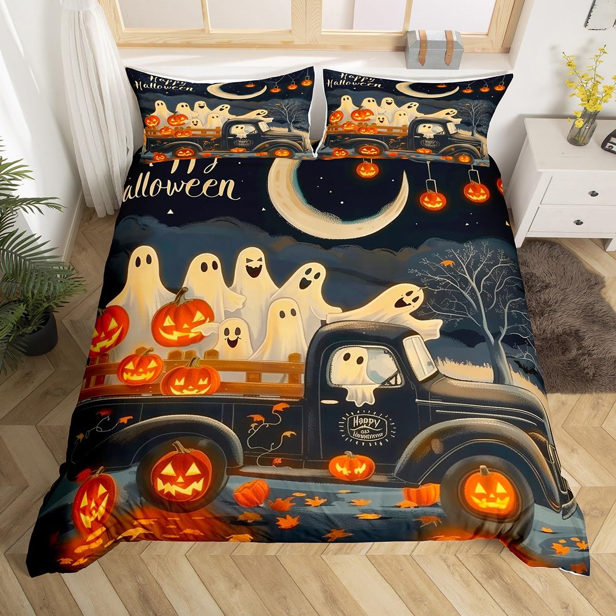 Homemissing Happy Halloween Duvet Cover Set White Ghost Bedding Set for Kids Boys Girls Pumpkin Lantern Comforter Cover Gothic Quilt Cover Room 2Pcs Single Size,Zipper