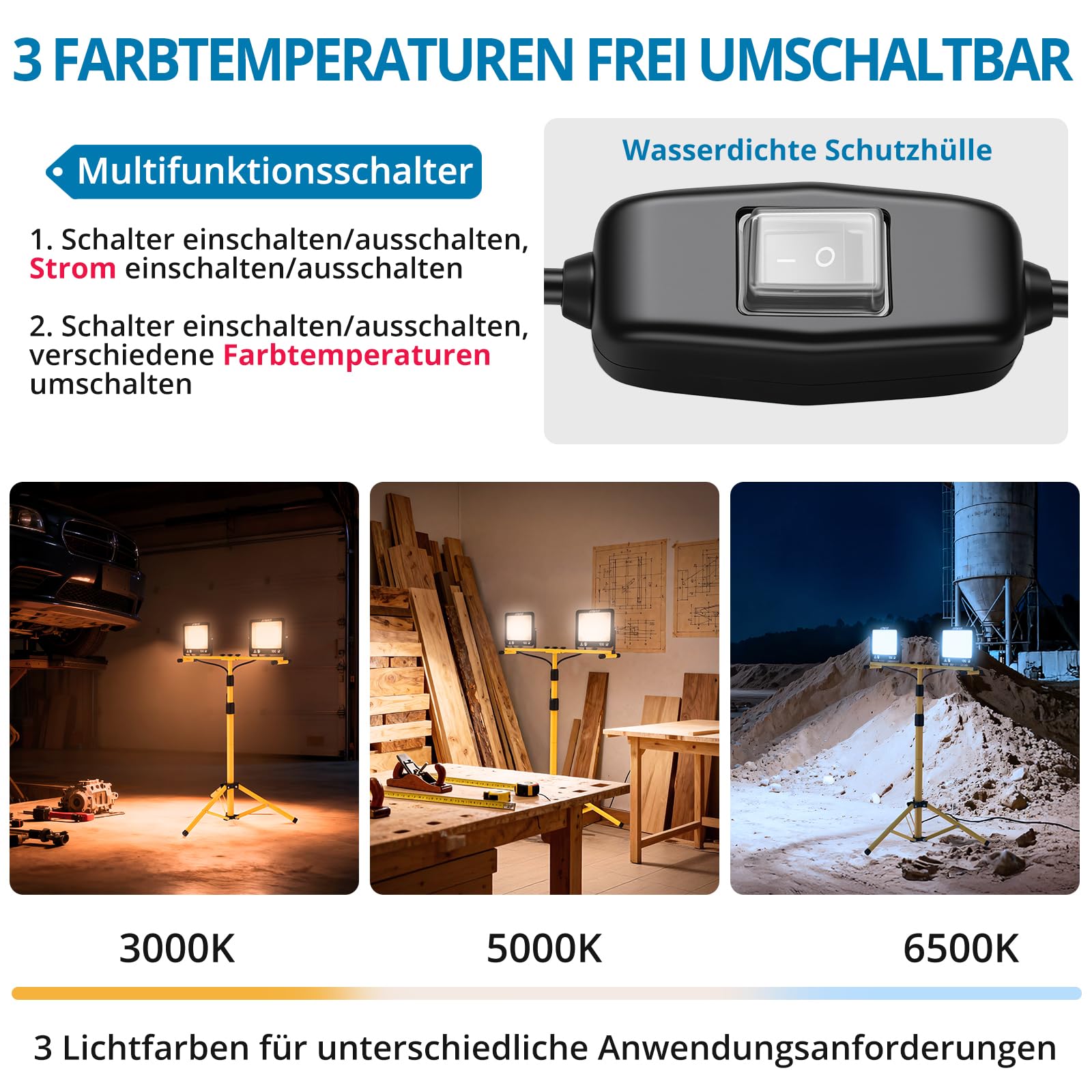AUTOUTLET Baustrahler LED mit Stativ, 2x 100W 19000LM LED Strahler Arbeitsleuchte mit 3 Farbtemperaturmodi, verstellbarer Stativ & 5M Netzkabel IP66 Wasserdicht,abnehmbar Baulampe für Garage Baustelle