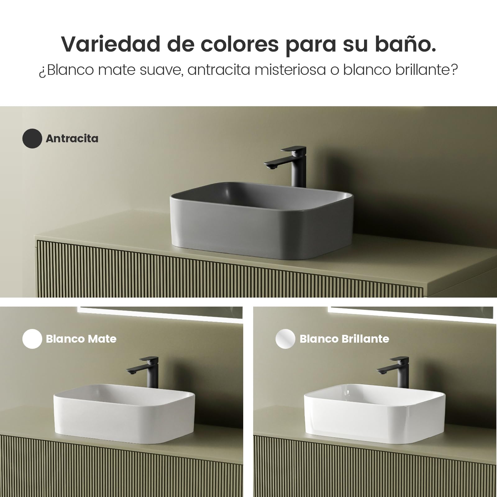 EMKE Lavabo de Cerámica, Rectangular 61 × 38 × 15 cm, Lavamanos para Aseos, Lavabo Cerámico para Cuartos de Baño,Gris Mate