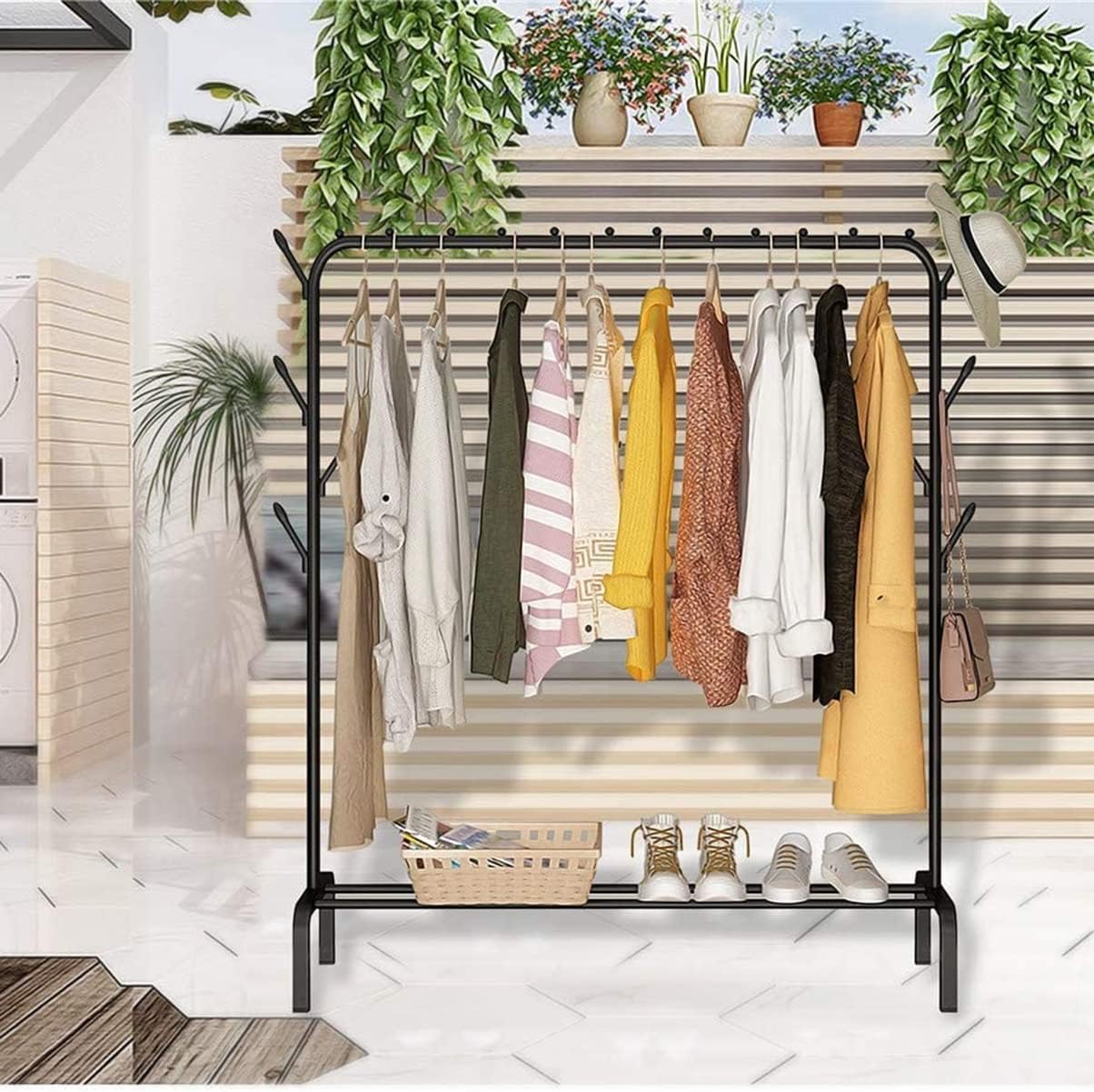 Premium Metal Clothing Rack with Bottom Shelf Heavy Duty Single Rod Coat Rack for Bedroom Portable Garment Rack for Exquisite Clothes White Color