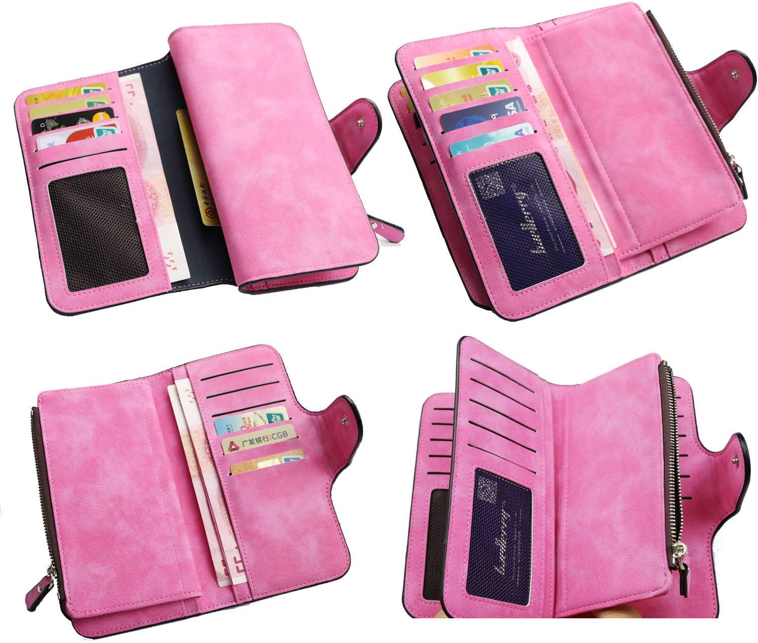 Long Genuine Leather Wallet for Women RFID Blocking Soft Clutch with Zipper Coin Pocket Light Blue (Rose Red)