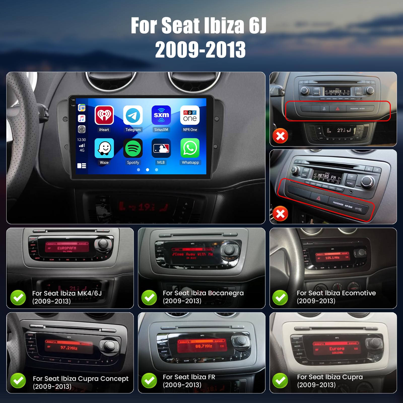 Hikity Radio samochodowe 4+128G do Seat Ibiza 6J 2009-2013, ekran 9" radia z bezprzewodowym odtwarzaczem CarPlay Android Auto Bluetooth Navi GPS WiFi EQ USB