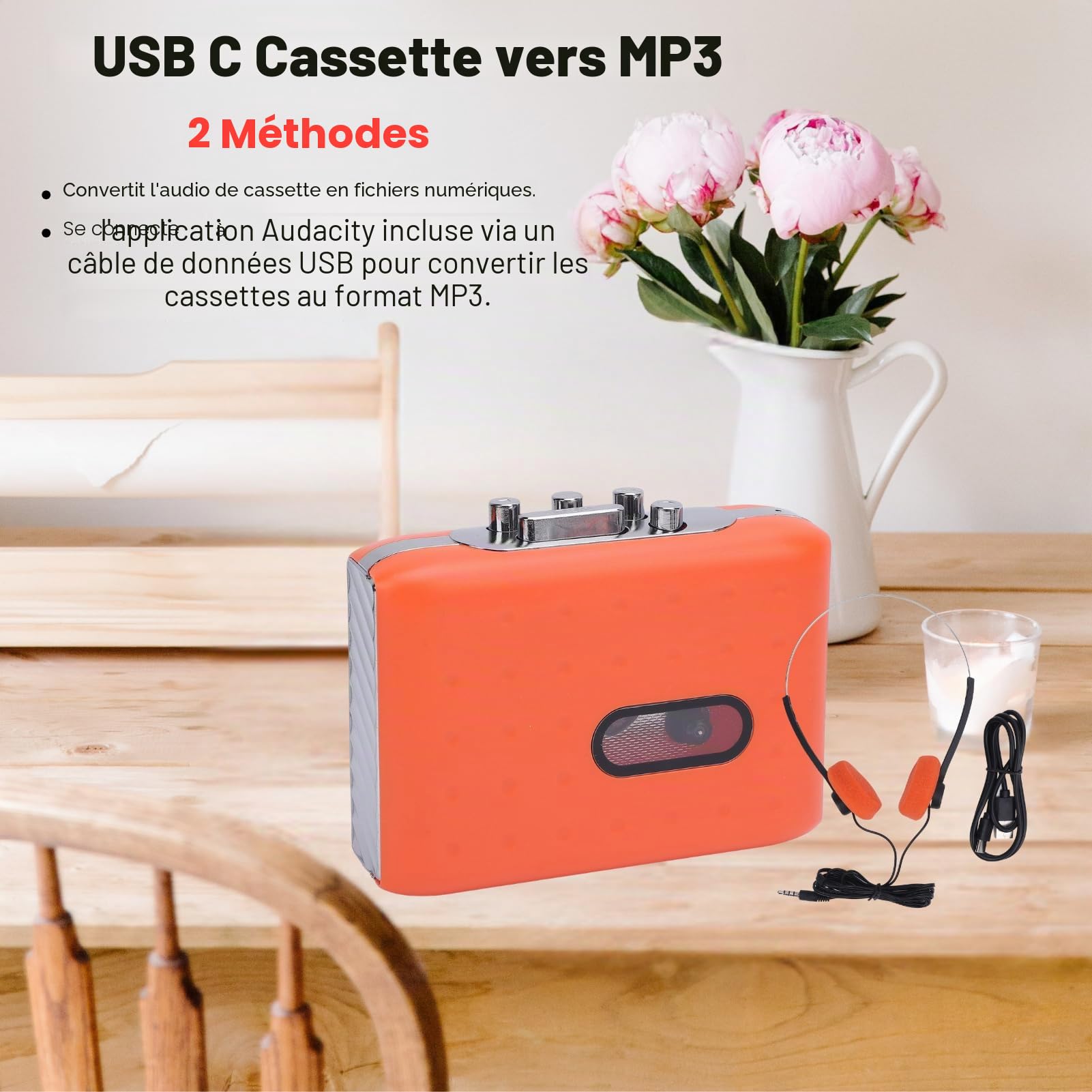 Convertisseur de Cassette USB à Cassette USB Portable avec Enregistreur de Microphone intégré et Socket de Casque Orange