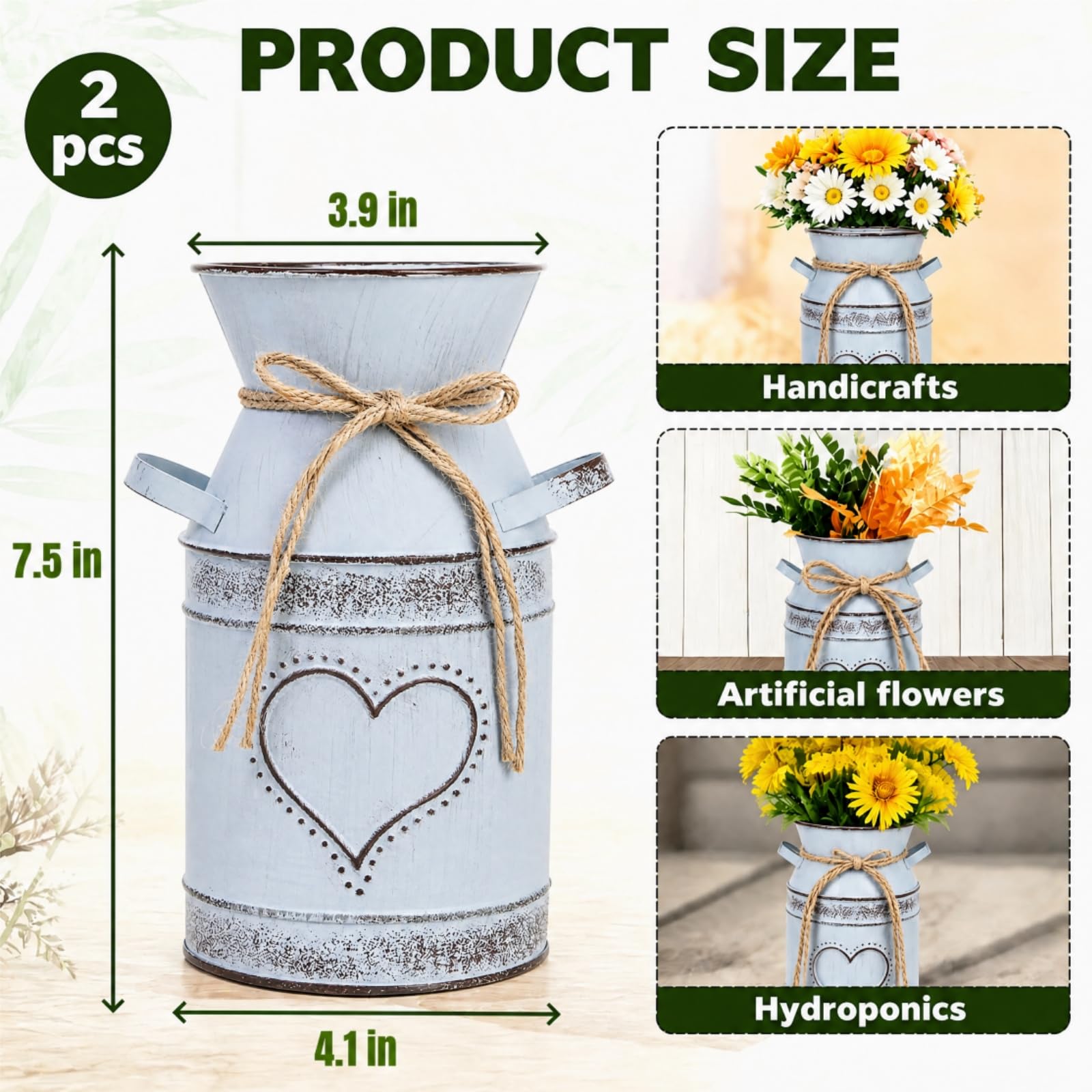 Dicunoy Metalowa dekoracja do puszek na mleko, 19 cm, ocynkowany wazon w stylu francuskim, metalowy dzbanek, styl shabby chic, rustykalne wazony na kwiaty, wiadro wiejskie w stylu vintage, do
