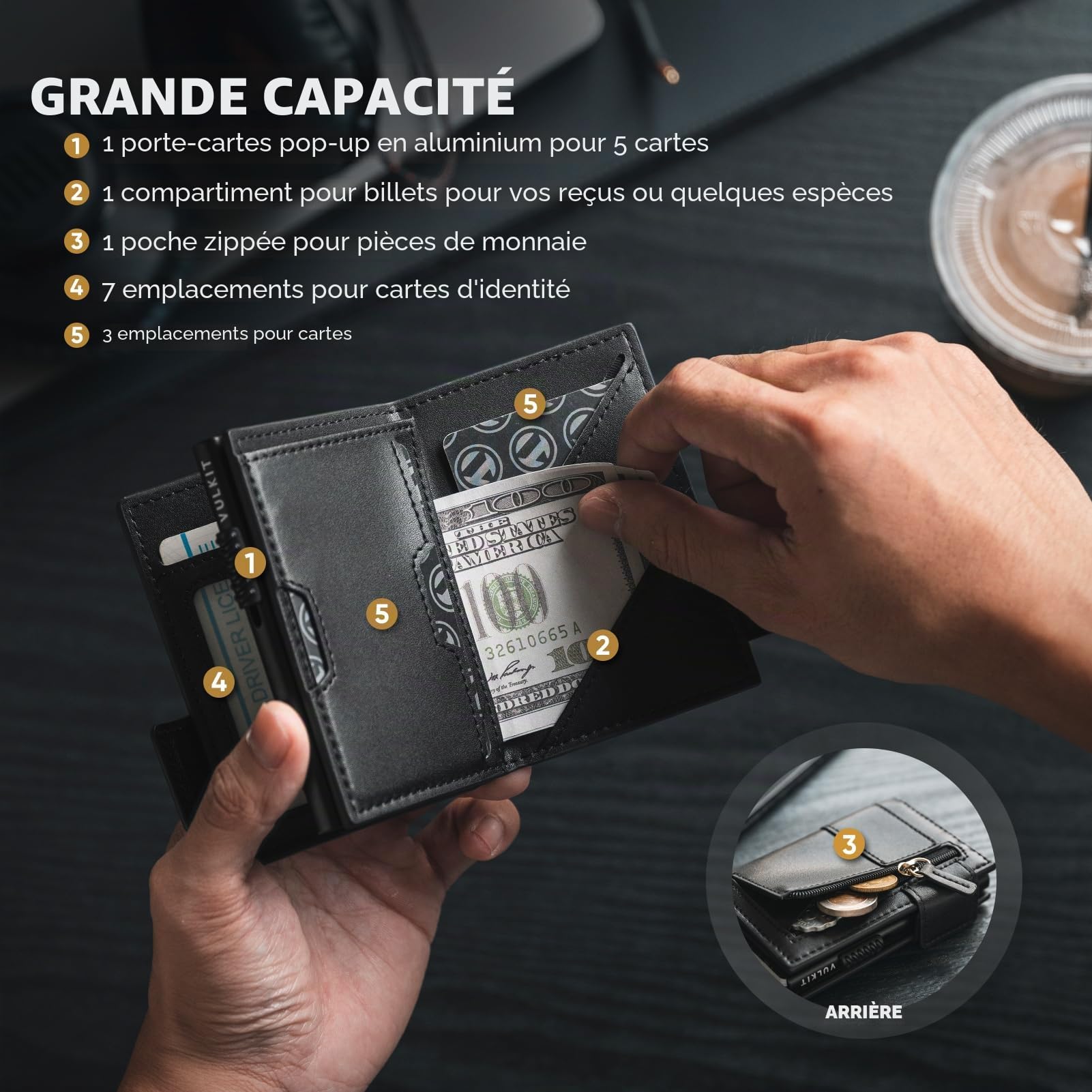 VULKIT Porte-Cartes Portefeuille en Cuir à Deux Volets pour Homme avec Blocage RFID, étui en métal pour Cartes, Peut Contenir 9 Cartes et Billets, Poche zippée pour Pièces de Monnaie (Noir)