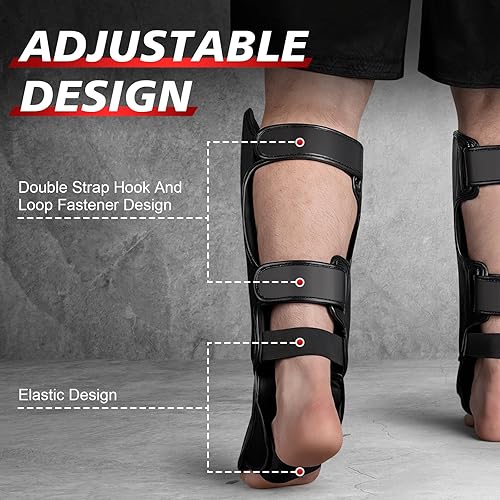 Miniatura 5 de Espinilleras de kickboxing Muay Thai con guantes de boxeo de 16 onzas, protectores de piernas ajustables con protección en el empeine Espinilleras