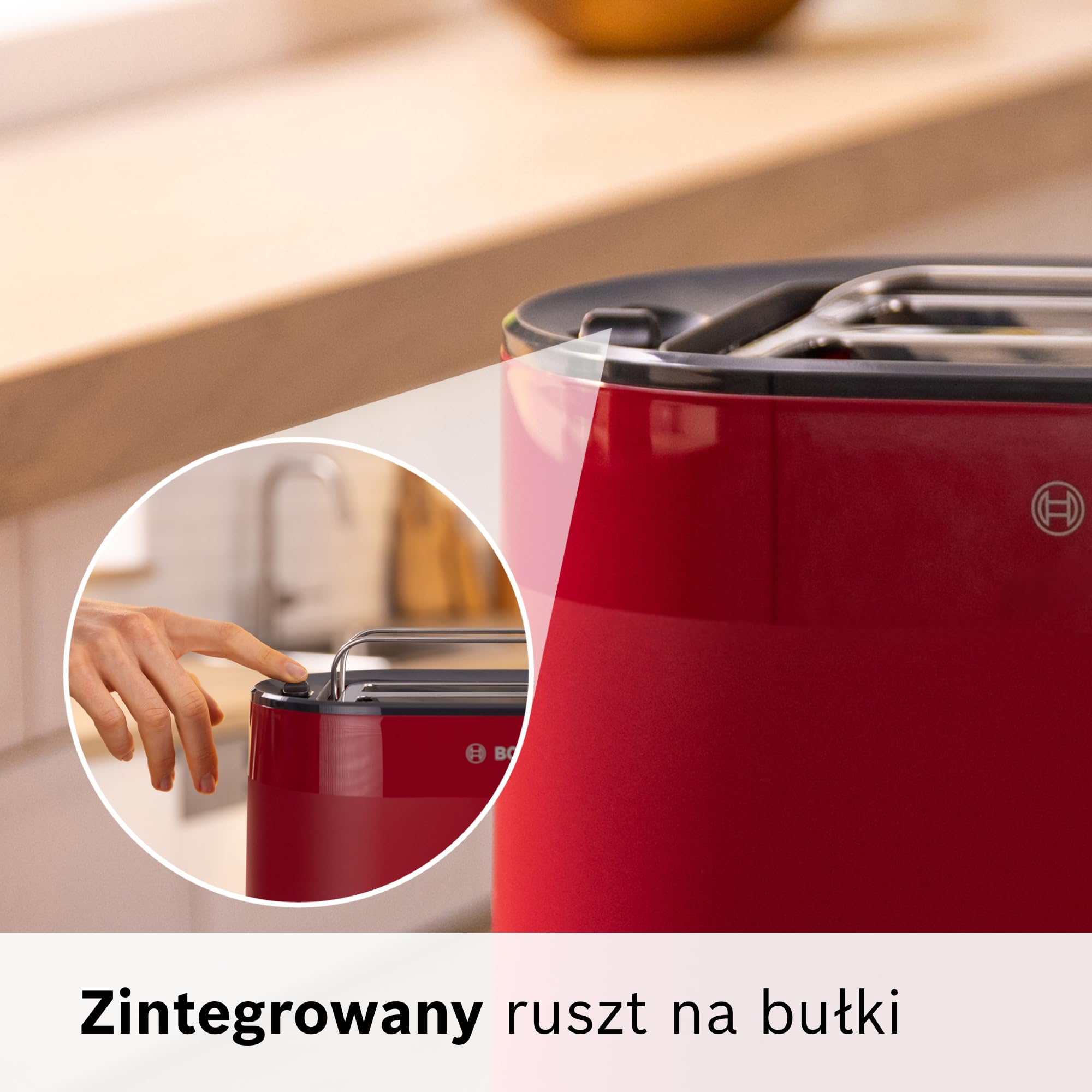 Bosch, toster, MyMoment, pojemnik na 2 kromki, podgrzewanie, rozmrażanie, ruszt na bułki, funkcja wysokiego podnoszenia, automatyczne wyłączanie, czerwony, TAT2M124