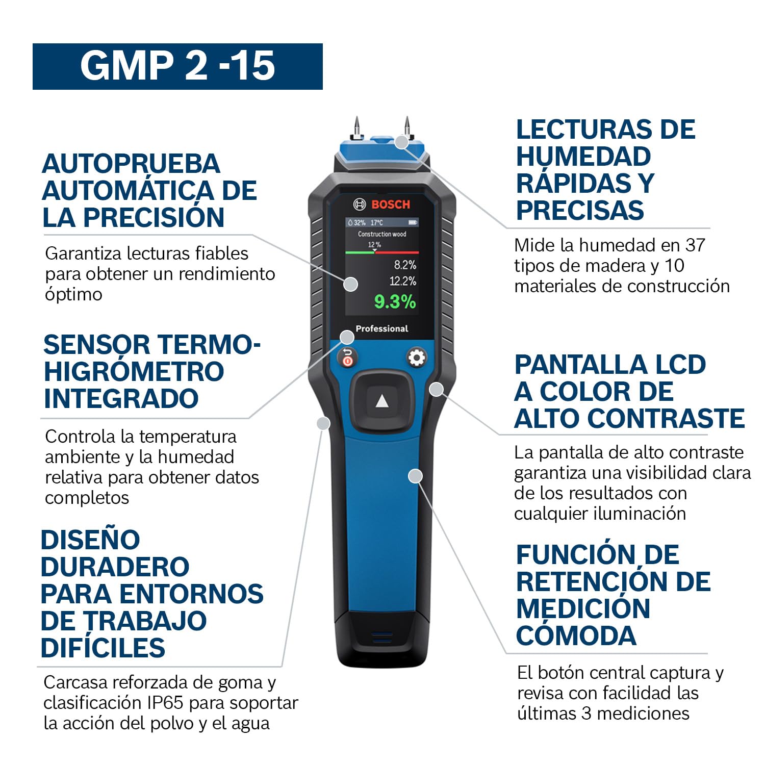 Bosch Professional GMP 2-15 Medidor de Humedad IP65 Termohigrómetro