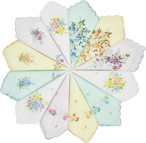 GB - Pañuelos 100 algodón para mujer surtidos con borde ondulado y estampado floral 12 piezas