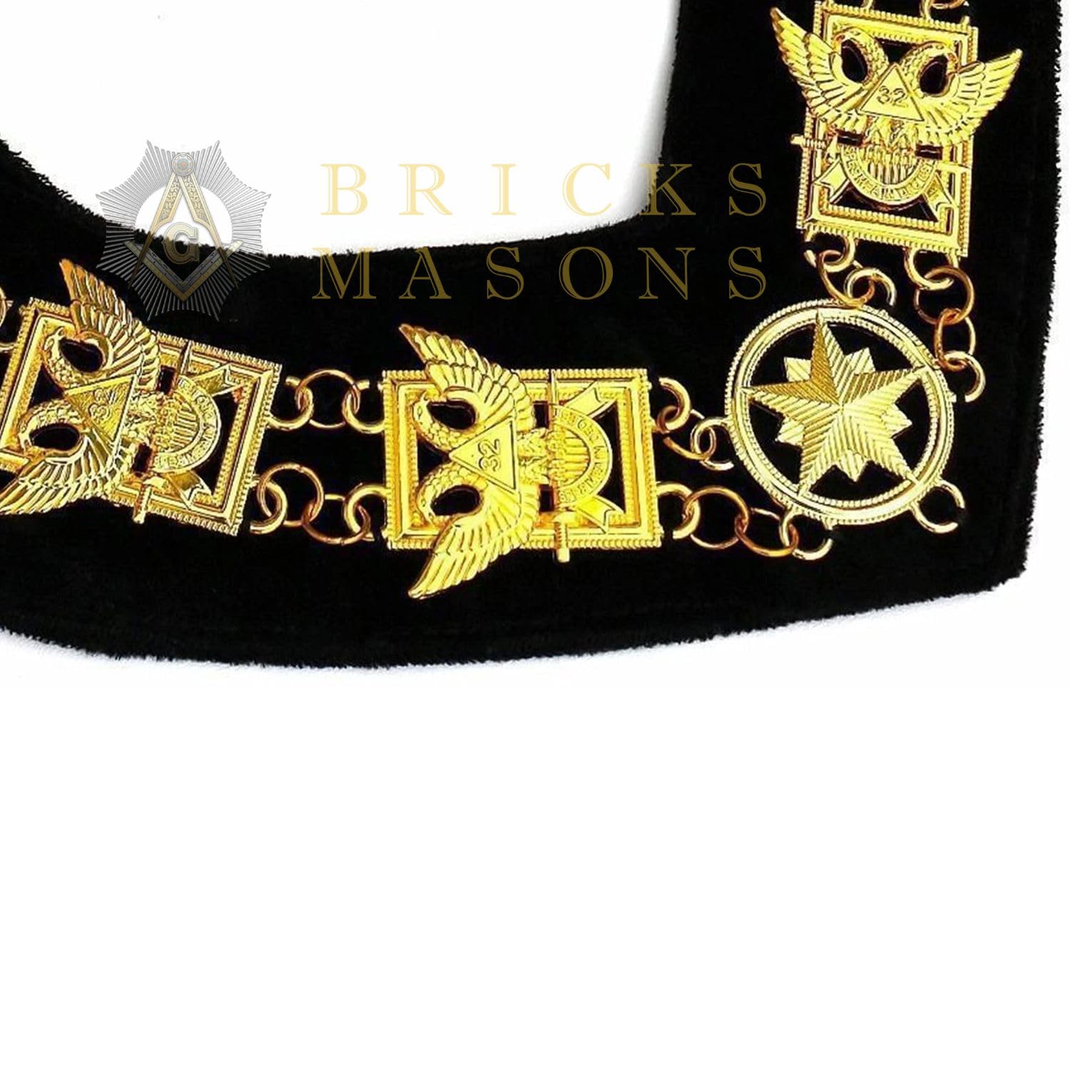 Bricks Masons 32nd Degree - Scottish Rite Wings UP Chain Collar - Gold/Silver on Black