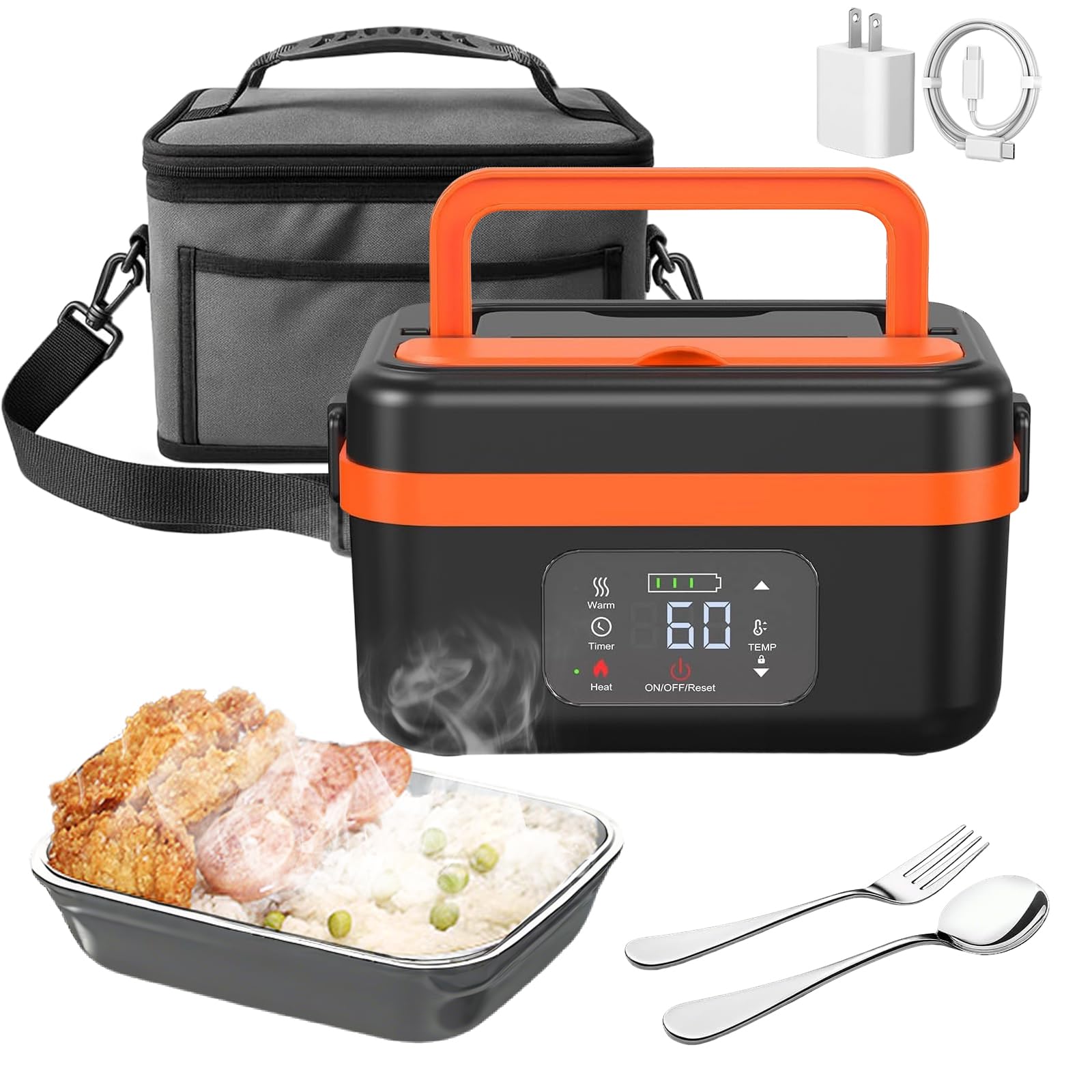 Kouamor Boîte à Lunch Chauffante Sans Fil Rechargeable, Lunch Box Électrique, Chauffe-Aliments 16000mAh, Réchauffeur de Repas Minuterie, pour Travail Voyage Voiture Bureau, Cadeau Homme
