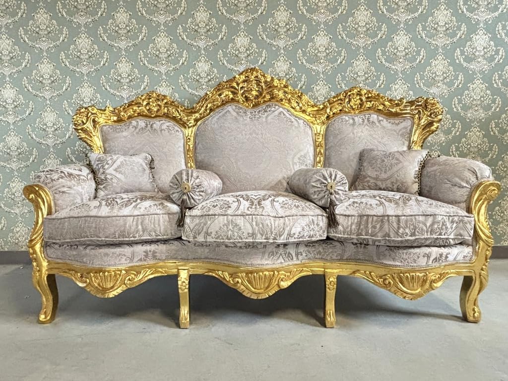 CasAmin Home & Living Sofagarnitur in Dunkelbeige Französisches Couchgarnitur im Louis XL Stil mit Goldfinish für die Hotellobby Barock Rokoko Salon Sofa als Wohnzimmer Dekoration