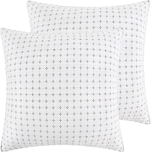 Levtex Home - Colcha Etrada - Juego de 2 fundas de almohada europeas - Punto de cruz - Gris y blanco - Colcha (26x26 pulgadas) - Reversible - Algodón