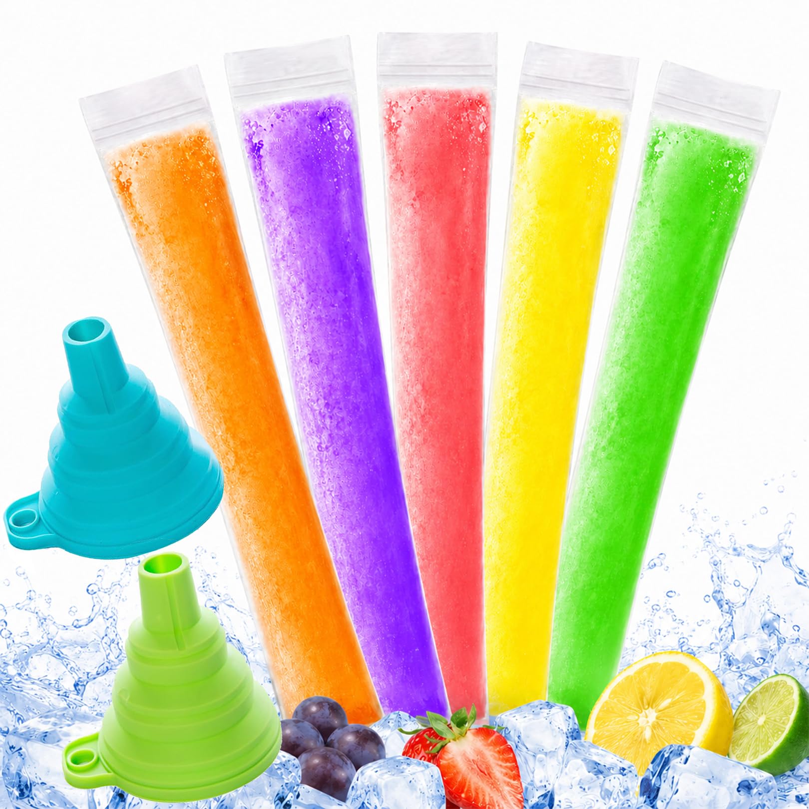 Muiltvoe 200 Pcs Ice Pop Bags, Zip Seals Popsicle Bag Ice Lolly Bag, Disposable Popsicles Moulds Bags, BPA Free Ice Lolly Bag, with 2 Pcs Funnel, for DIY Popsicle, Yogurt Sticks Juice Fruit Smoothies