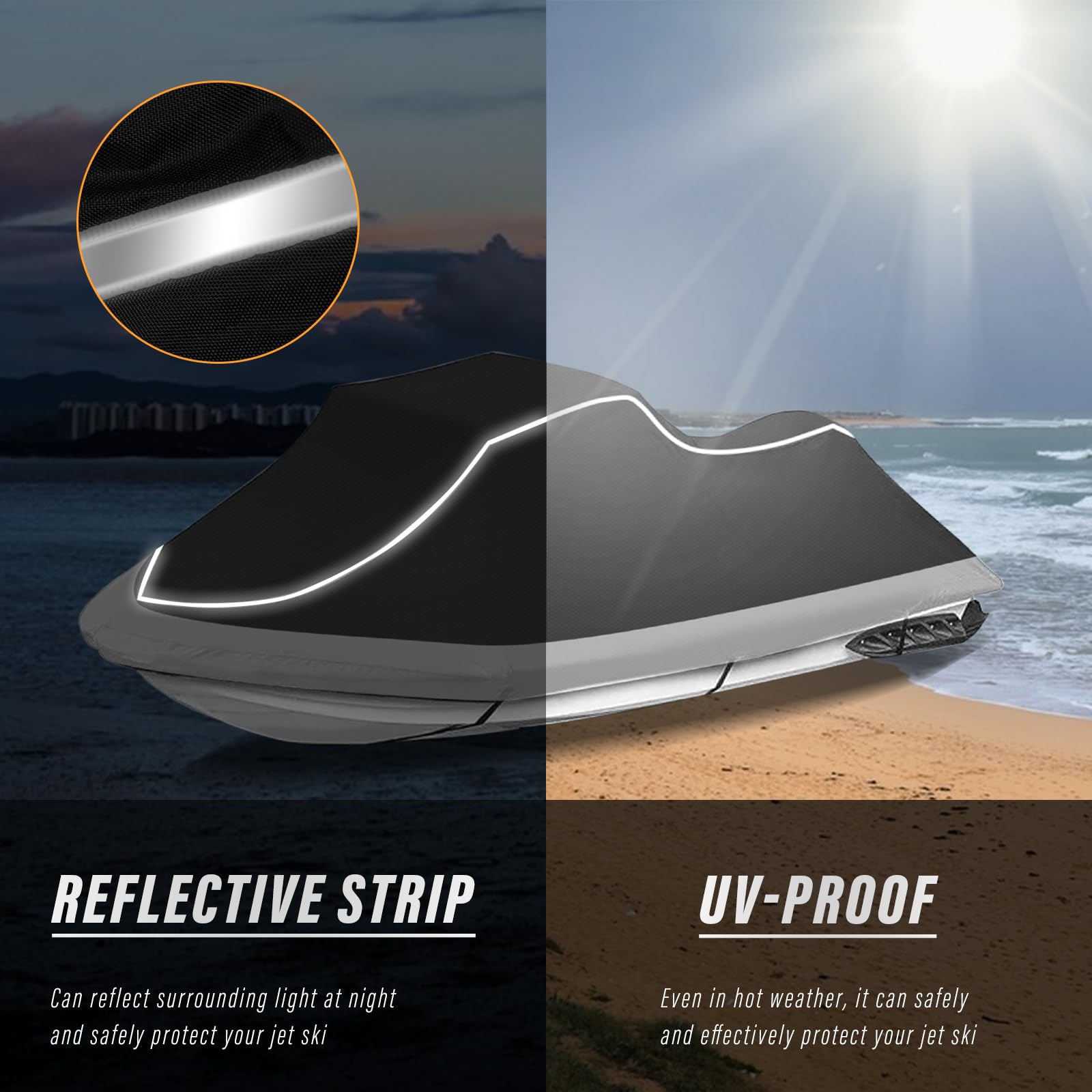 Housse de Jet Ski remorquable – Housse de Protection imperméable et résistante pour PWC 2 Places avec Bandes réfléchissantes et aérations pour Seadoo, Yamaha, Kawasaki Polaris, Convient