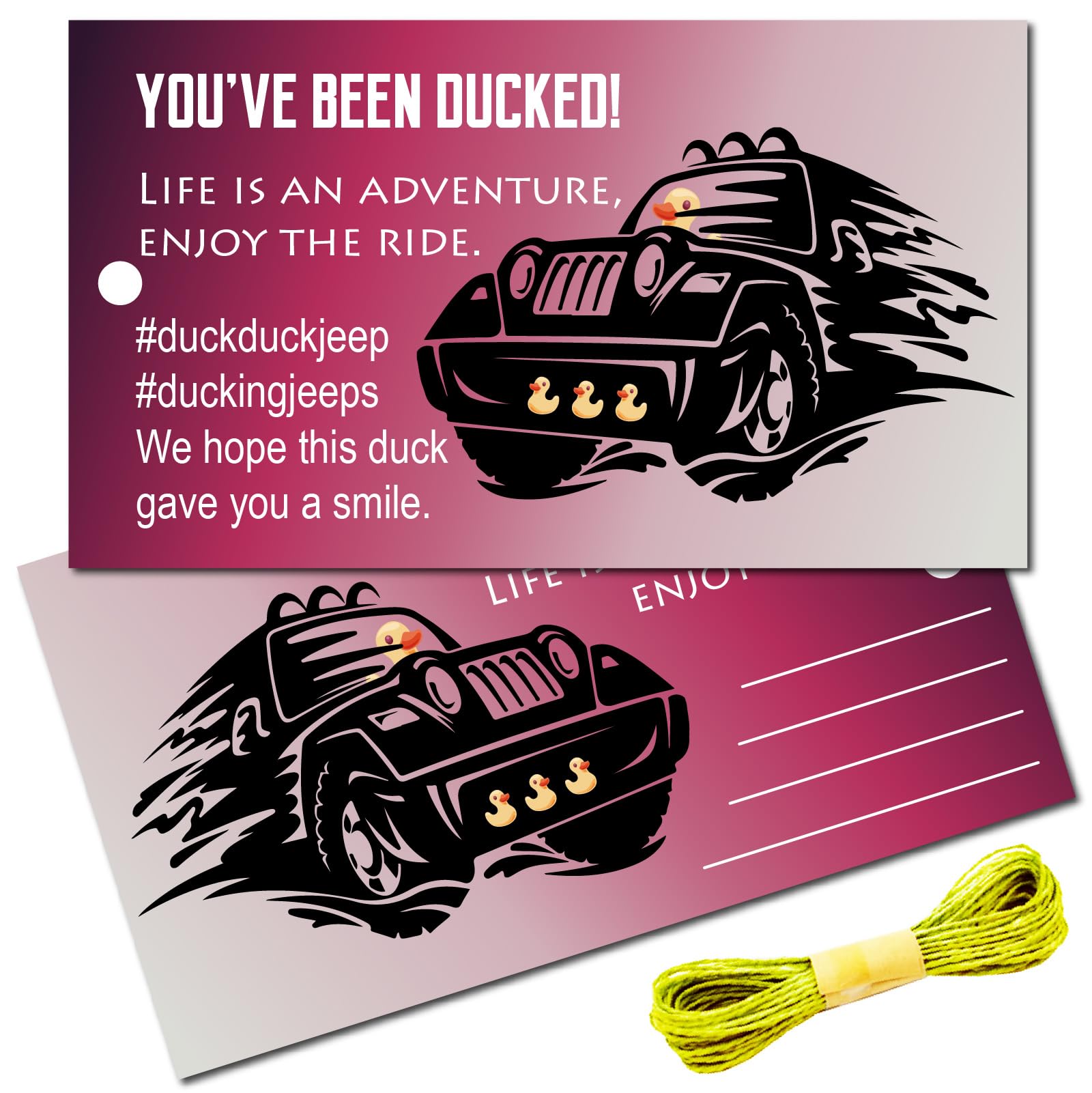 CREATCABIN 50Pcs You've Been Ducked Cards Duck Tags Card Duck Duck Jeep Tags Ducking DIY Jeep Duck Card with Twine for Rubber Duck Jeeps Car Jeeps Decor 3.5x2Inch-LIFE is an Adventure,Enjoy The Ride