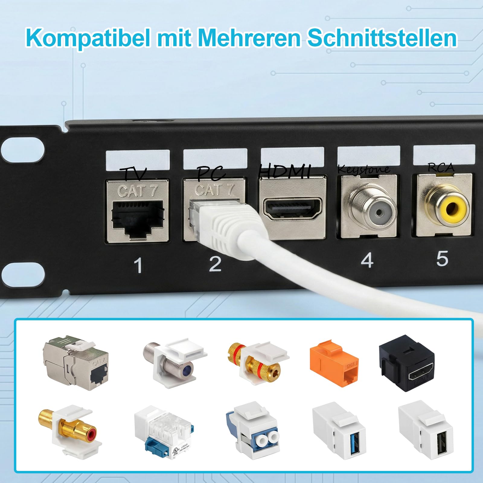 24 Port CAT7 Patchpanel, 10Gbps/600MHz, mit 24 Cat7 Keystone Module, 19 Zoll Patchpanel Verteilerfeld, Rackeinbau RJ45 LAN Netzwerk Verlegekabel Kompatibel mit Mehreren Modulen