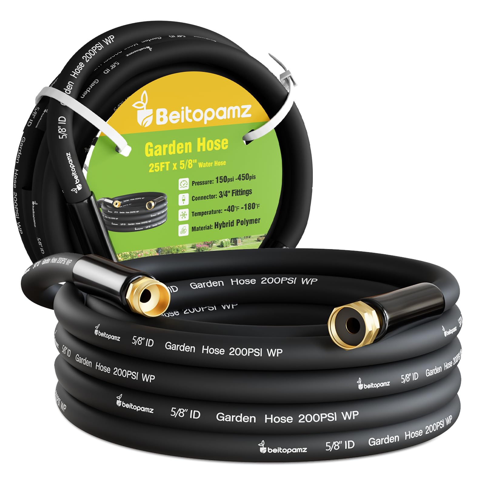 Beitopamz Garden Hose 25 ft, 5/8 in Water hose 25 feet, Heavy Duty Hose, Flexible No Kinks, Lightweight Hybrid Hose, Drinking Water Safe,Fittings No Leaks For Outdoors, Garden Yards, BT100, Black