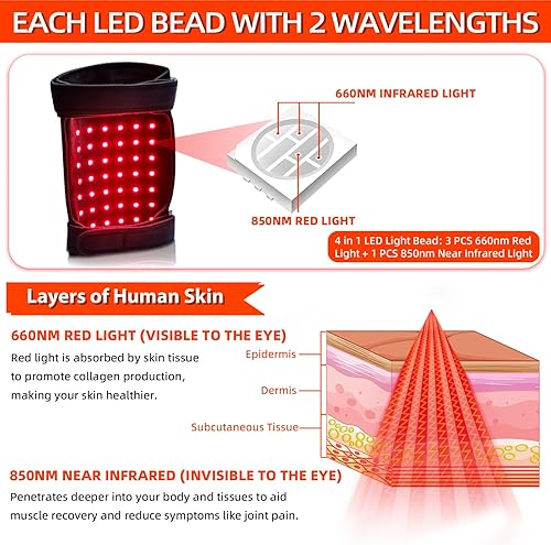 Miniatura 4 de UTK Terapia de luz roja para cuerpo, 162 piezas de luz roja de 660 nm y 54 piezas de 850 nm de luz infrarroja para terapia de codo de rodilla, uso