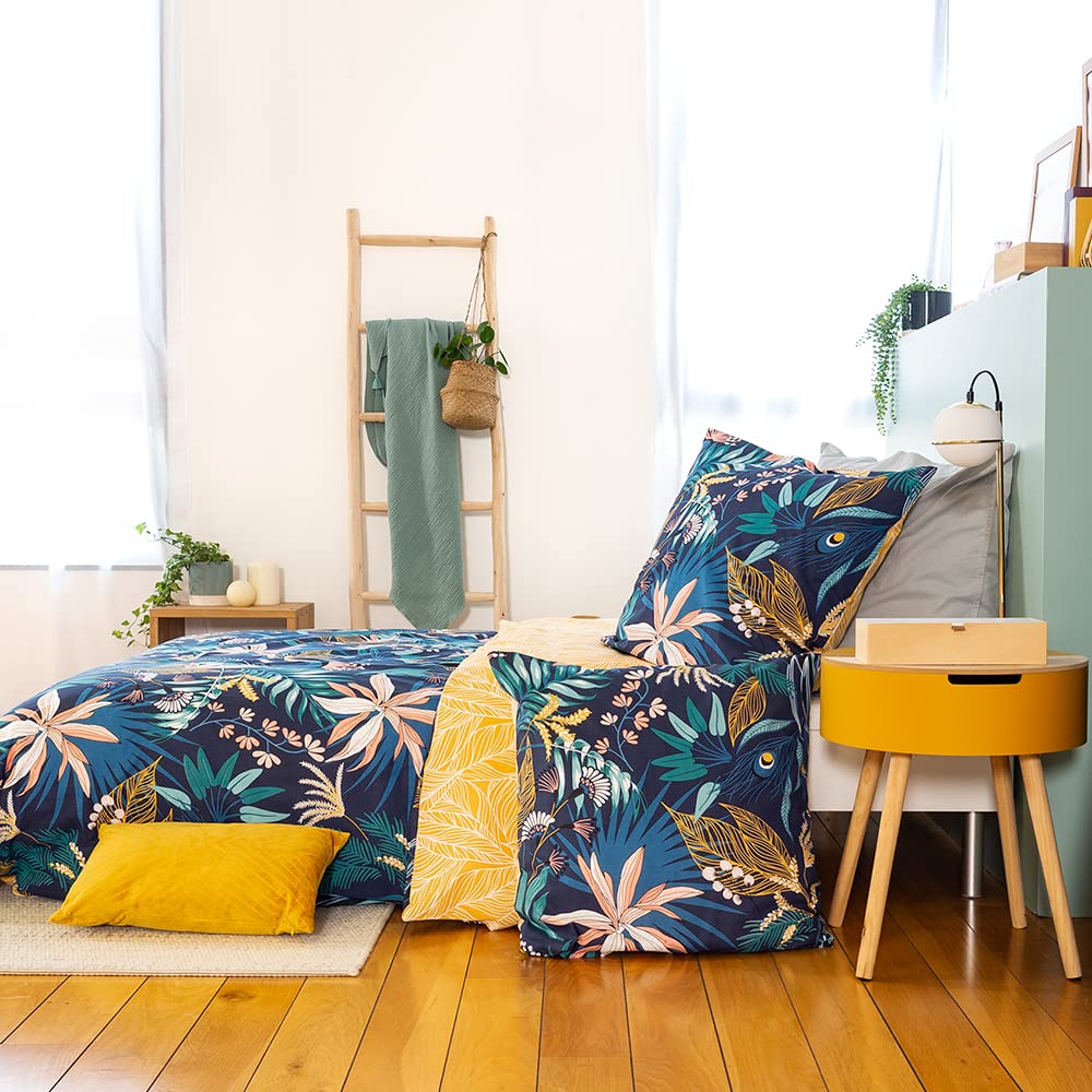CÔTE DECO Parure de Lit 240x260cm Feuilles Tropicales Bleu Coton - 3 pièces | 1 Housse de Couette Adulte 240x260cm + 2 Taies d'Oreiller 63x63 cm - Feuilles Tropicales