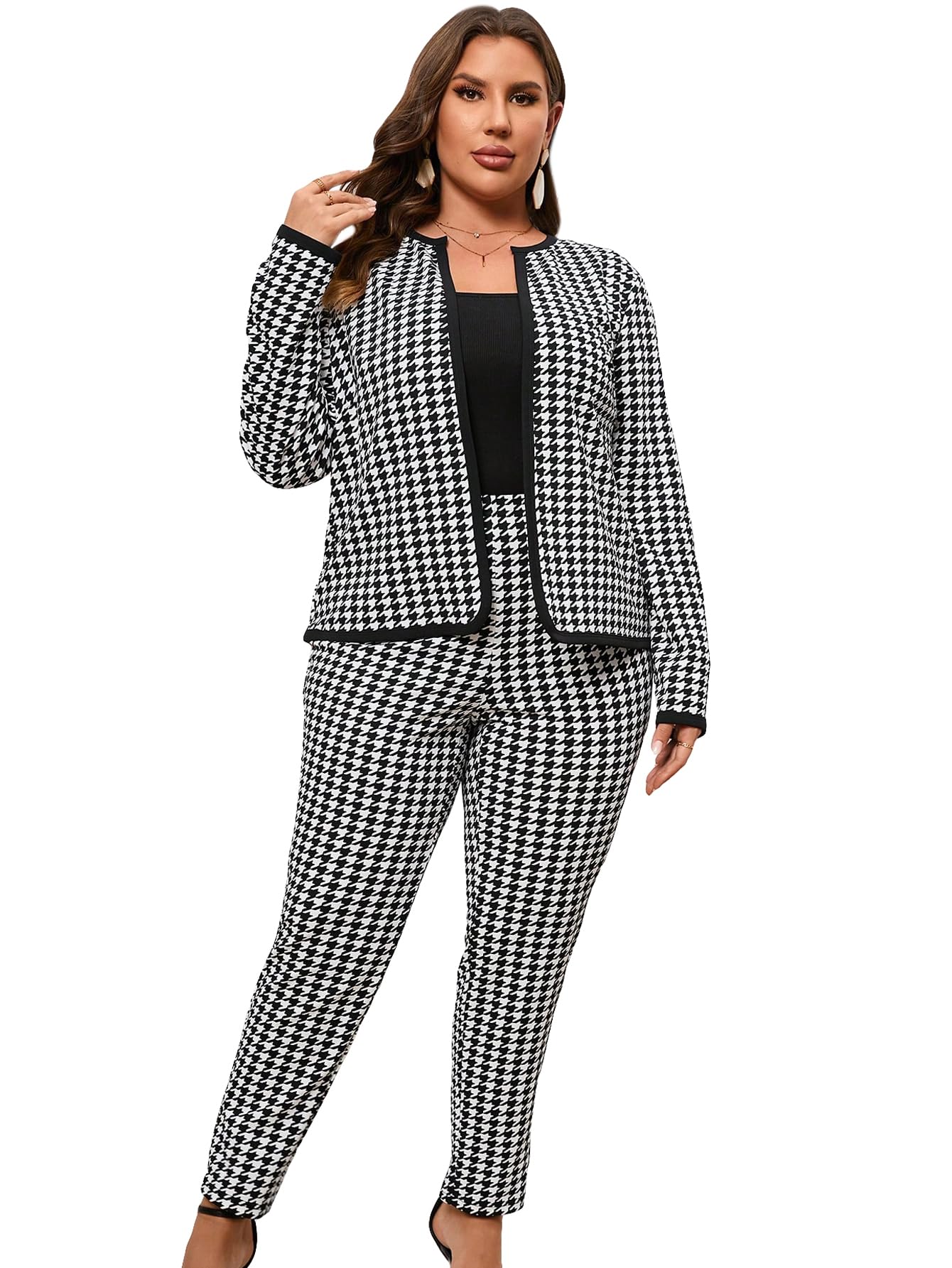 WDIRARA Womens Plus Size 2 Piece Outfits Houndstooth Open Front Jacket and Pants Business Set