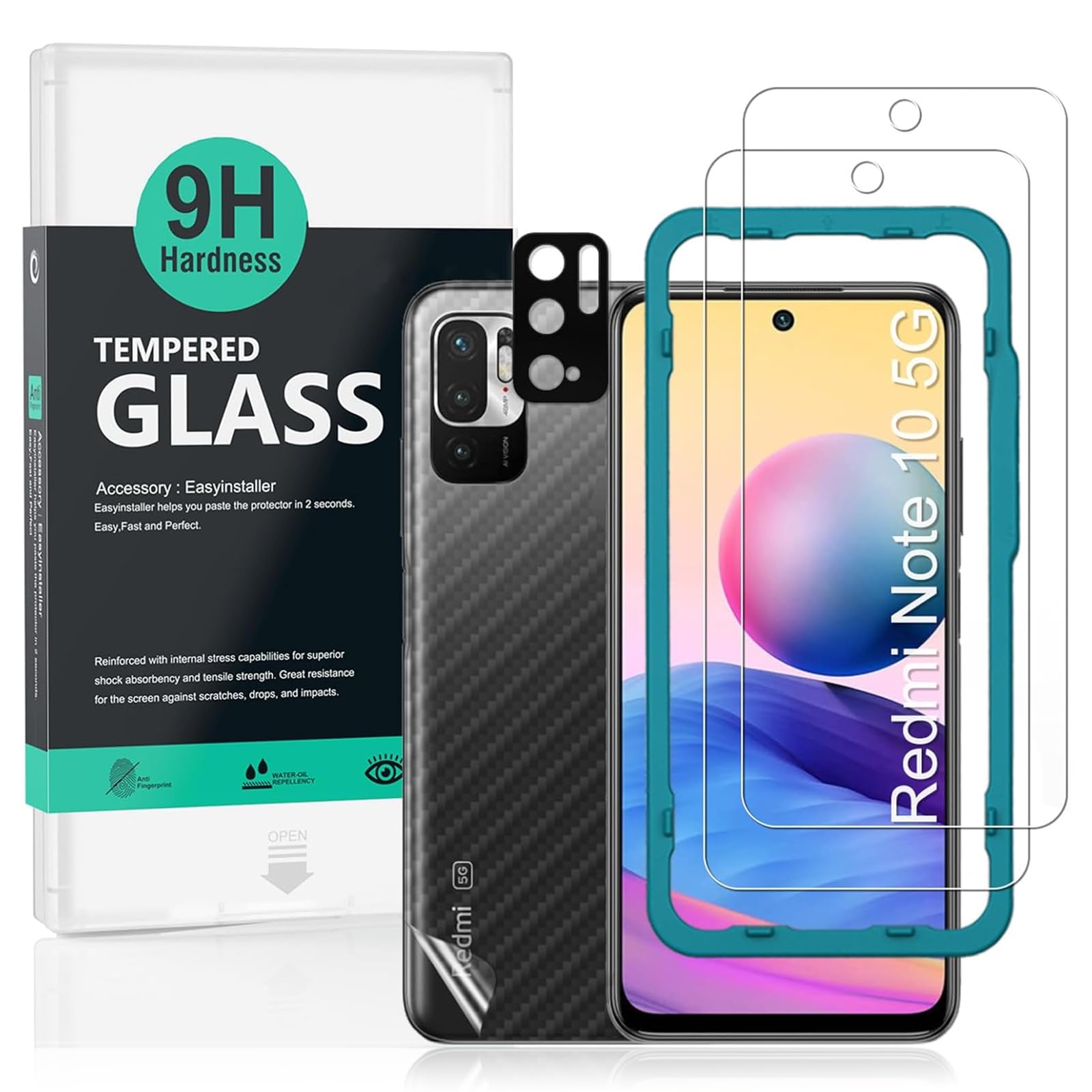 IbywindScreen Protector For Redmi Note 10 5G/Poco M3 Pro 5G,with 2Pcs Tempered Glass,1Pc Camera Lens Protector,1Pc Backing Carbon Fiber Film [Fingerprint Reader,Easy to install]