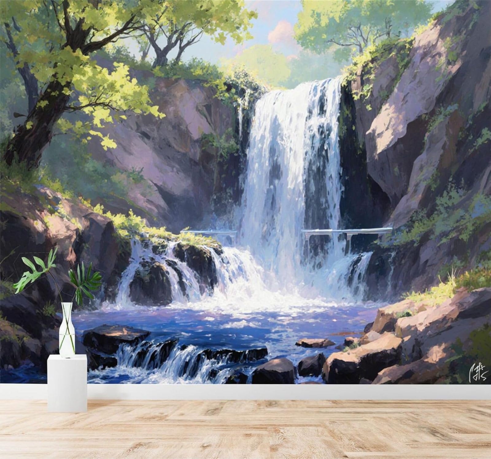 XLMING Sunlight Rocks Green Trees Waterfall Landscape 3D Wallpaper Silky Texture Home Study Office Grey Dining Room Sofa Bedroom Living Room TV Backdrop-250cm×170cm